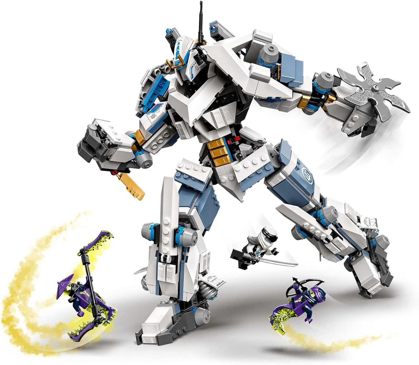 LEGO 71738 Ninjago Legacy Zanes Titan-Mech Ninja Construction Kit with Jay as Golden Figure and 2 Ghost Fighters.