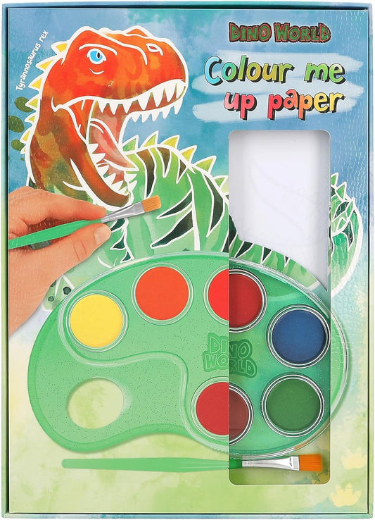 Depesche 12517 Dino World Colour Me Up Paper, Watercolour Paper with 10 Colouring Designs, Includes Brush and Watercolours