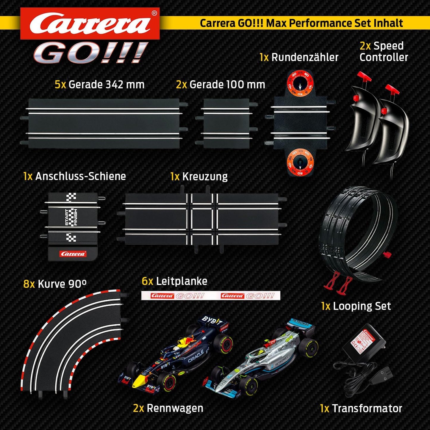 Carrera Go!!! Max Performance | Formula 1 Race Track Set | Max Verstappen vs Louis Hamilton | 2 Slot Cars Including 2 Hand Regulators with Turbo Button | Includes Looping, Crossing, Fly-Over and Lap