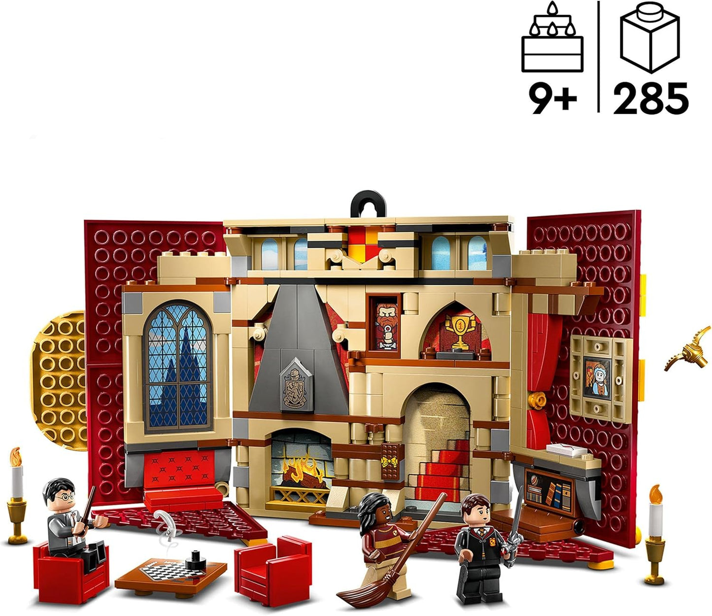 Lego 76409 Harry Potter house banner Gryffindor set, Hogwarts crest, castle common room toy or wall display, fold up travel toy, collectible with 3 mini figures.