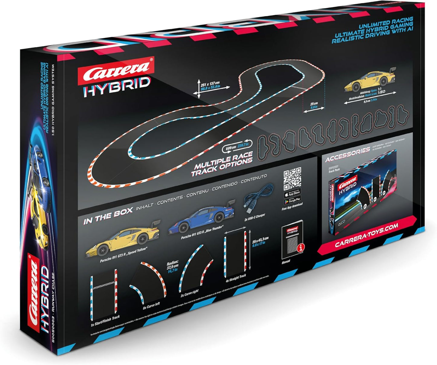 Carrera Hybrid Runway Chase - Racing Fun of the New Generation - Legendary Porsche 911 GT3 R in 1:50 Scale - Hybrid Technology with AI Support - Control via Smartphone App - Amazon Exclusive