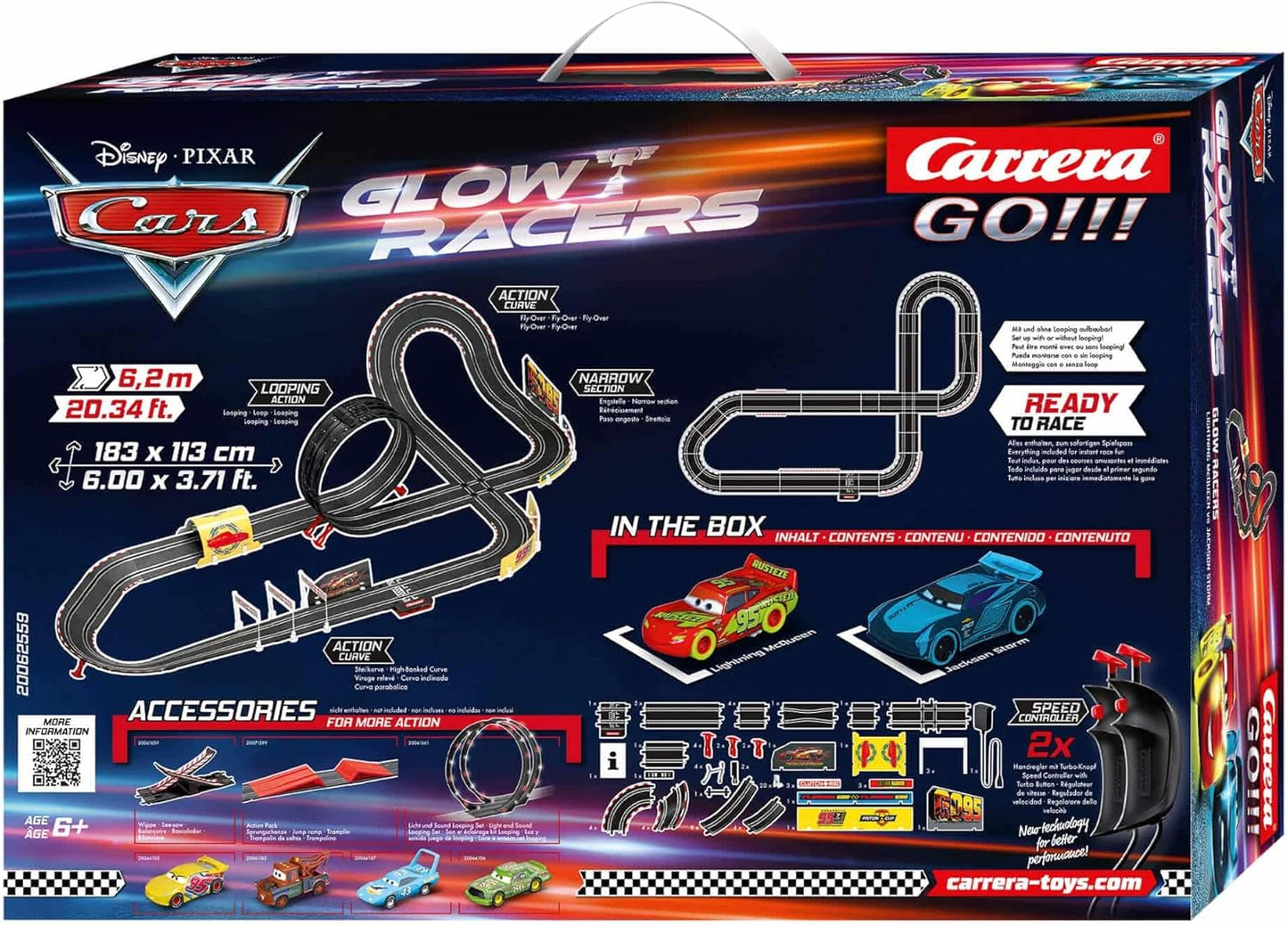 Carrera - 20062559 - Disney Cars Glow Racers I Classic Race Track with Disney Colours I 24 Metre Track Ergonomically Shaped Hand Controls I Perfect I With Spinning Top for Extra Fun