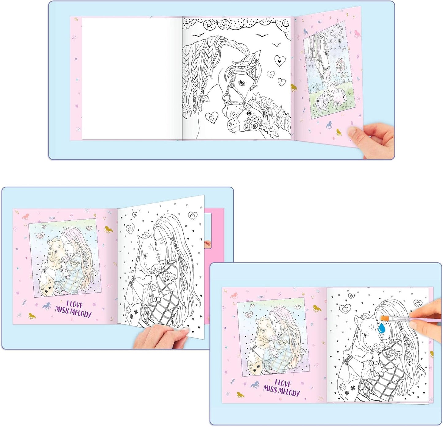 Depesche 12576 Miss Melody Watercolour Book, Colouring Book with Brush and 30 Horse Motifs to Paint with Water