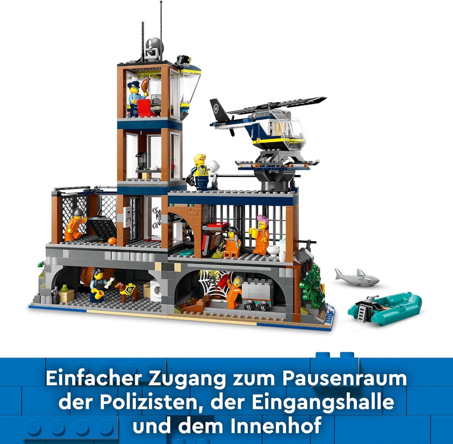 LEGO City Polizeistation auf der Gefängnisinsel, Polizei Spielzeug mit Hubschrauber, Boot und Hai, Set mit 7 Minifiguren und Hund, Geschenk zum Geburtstag für Jungen und Mädchen ab 7 Jahren 60419