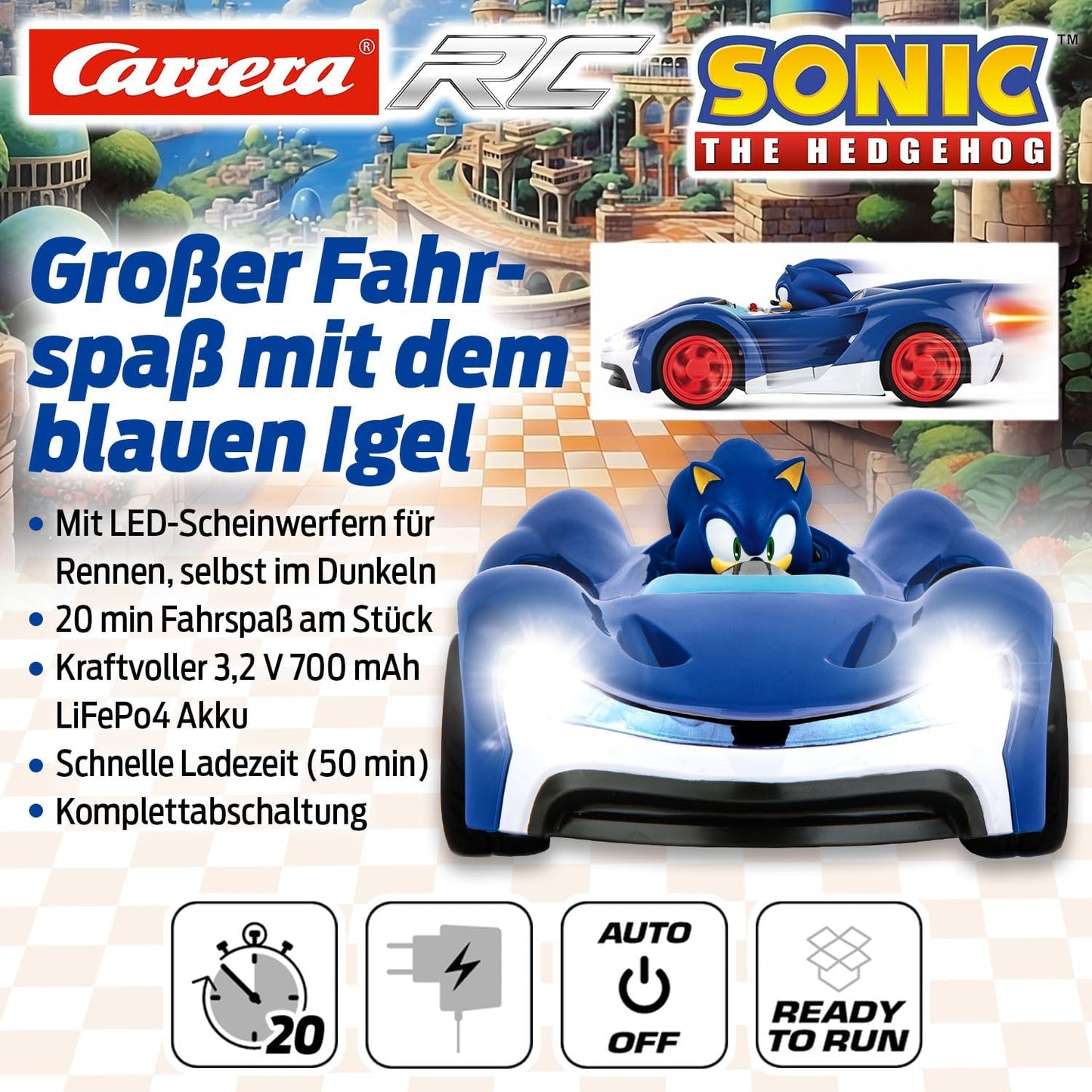 Carrera RC Team Sonic Racing - Sonic | Remote Controlled Car | Racing Car with LED Headlight | 27 cm Length | From 6 Years | LiFePo4 Battery | Ready-to-Run | 20 Minutes Driving Time