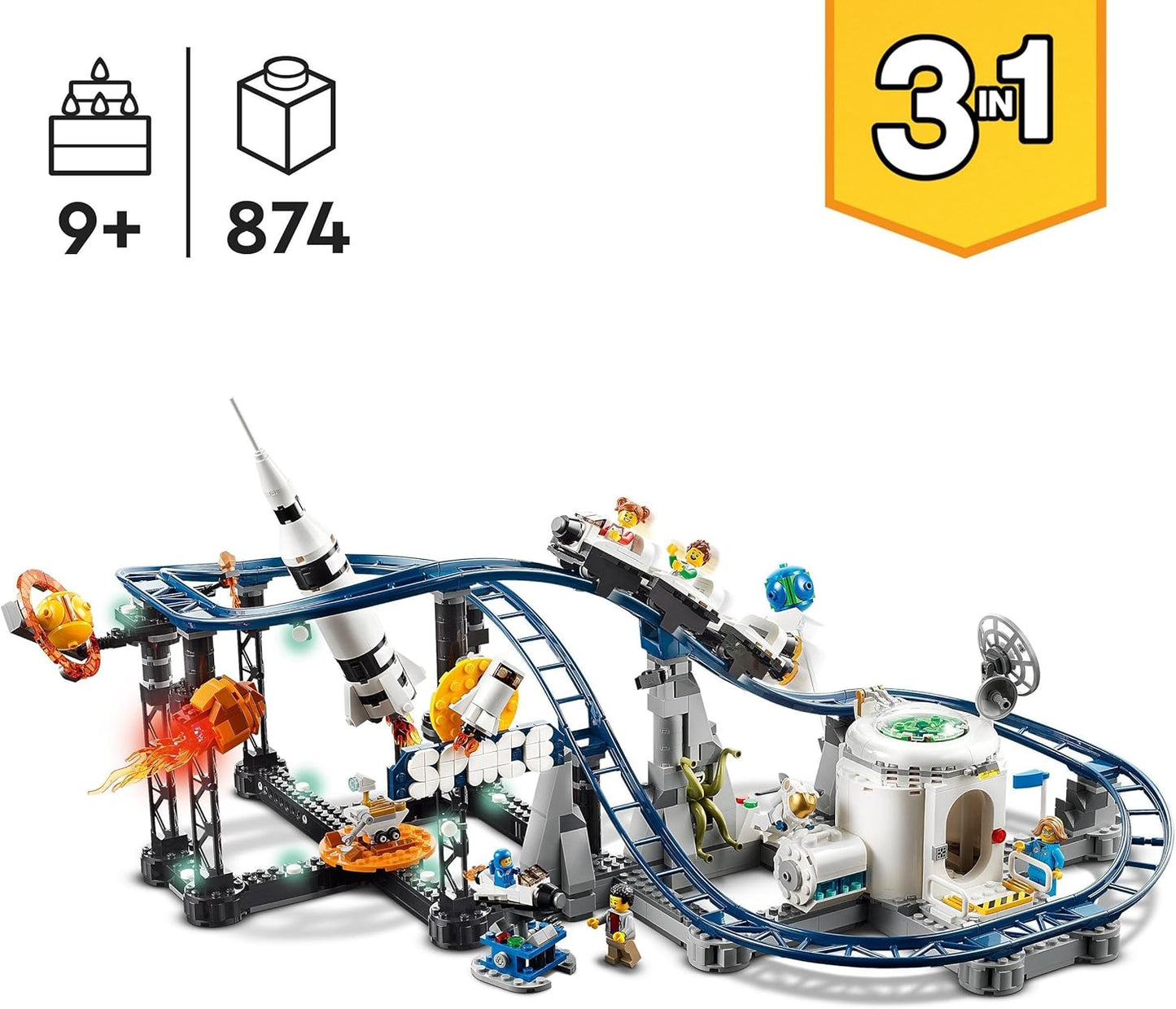 LEGO 31142 Creator 3-in-1 Space Roller Coaster Kit of a Toy Fair with Working Carriage Convertible into Free-Falling Tower or Carousel with Rockets and Luminous Stones