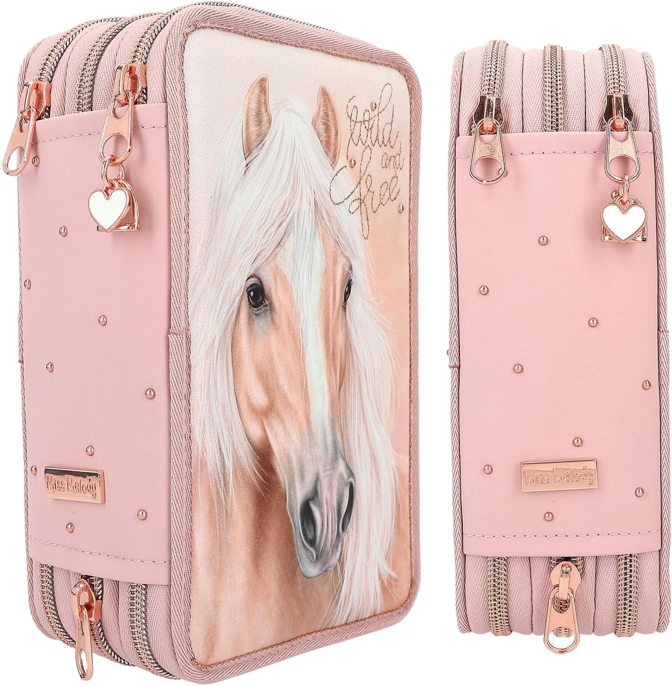 Depesche 11773 Miss Melody Romantic - Filled 3-Compartment Pencil Case in Pink with Horse Motif, Pencil Case with Coloured Pencils, Ruler, Scissors and much more