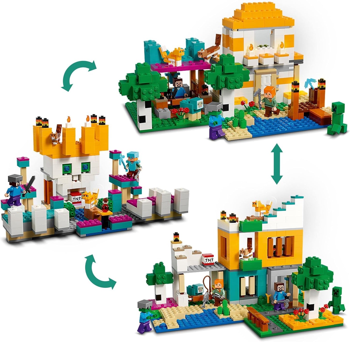 LEGO 21249 Minecraft The Crafting Box 4.0, 2-in-1 Set for Building, Towers on the River or Cat Hut, with Alex, Steve, Creeper and Zombie Mobs, Action Toy for Children, Boys and Girls