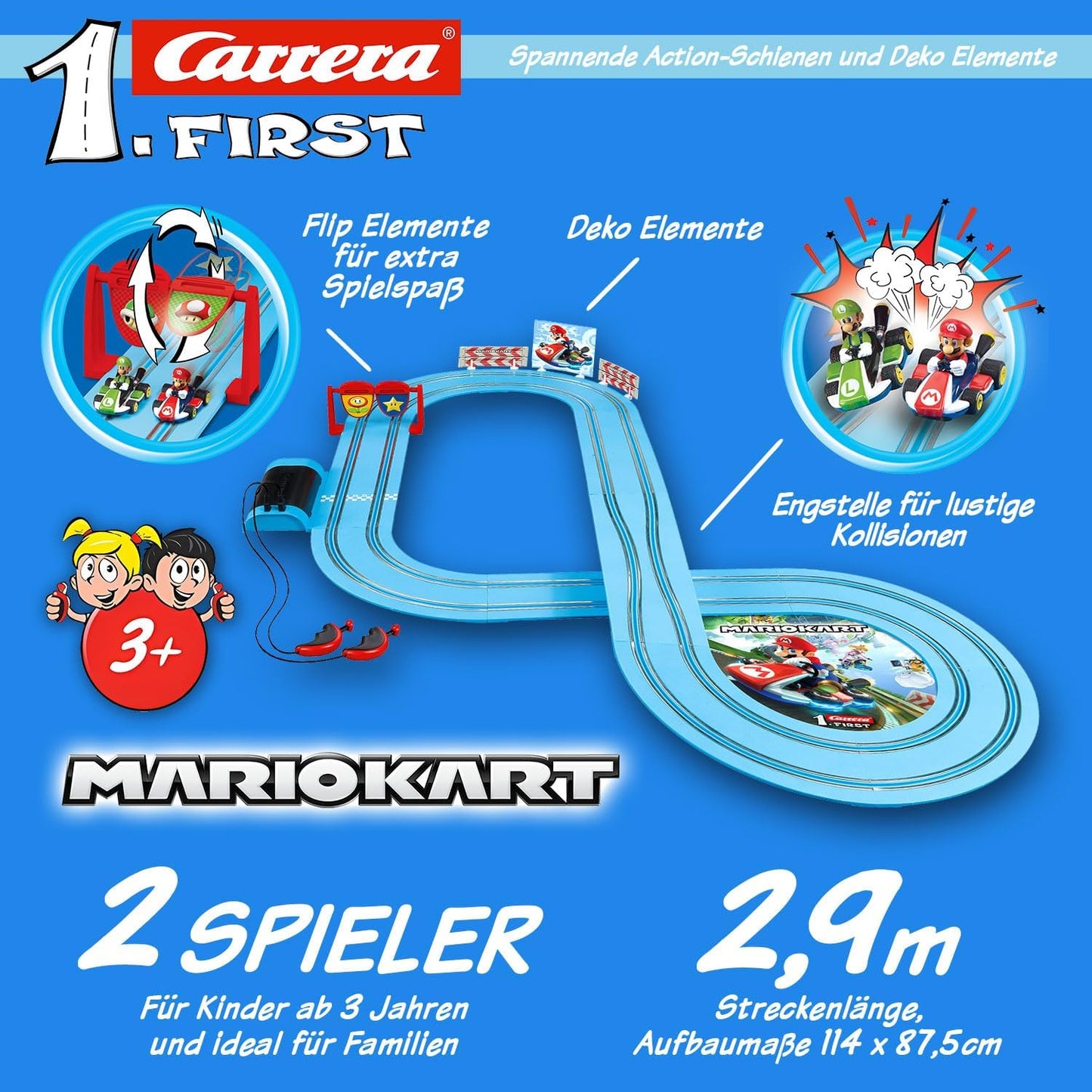 Carrera FIRST Mario Kart™ Racetrack, Super Mario™ vs. Luigi Flip Elements, 2.9 m Race Track, from 3 Years, Battery Operated