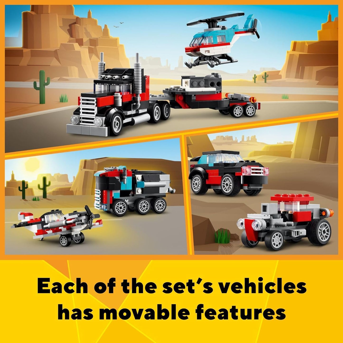 LEGO Creator 31146 3 in 1 Flatbed Truck with Helicopter Toy, Transforms from Flatbed Truck Toy to Propeller Plane to Hot Rod and SUV Car Toy, Gift Idea for Boys and