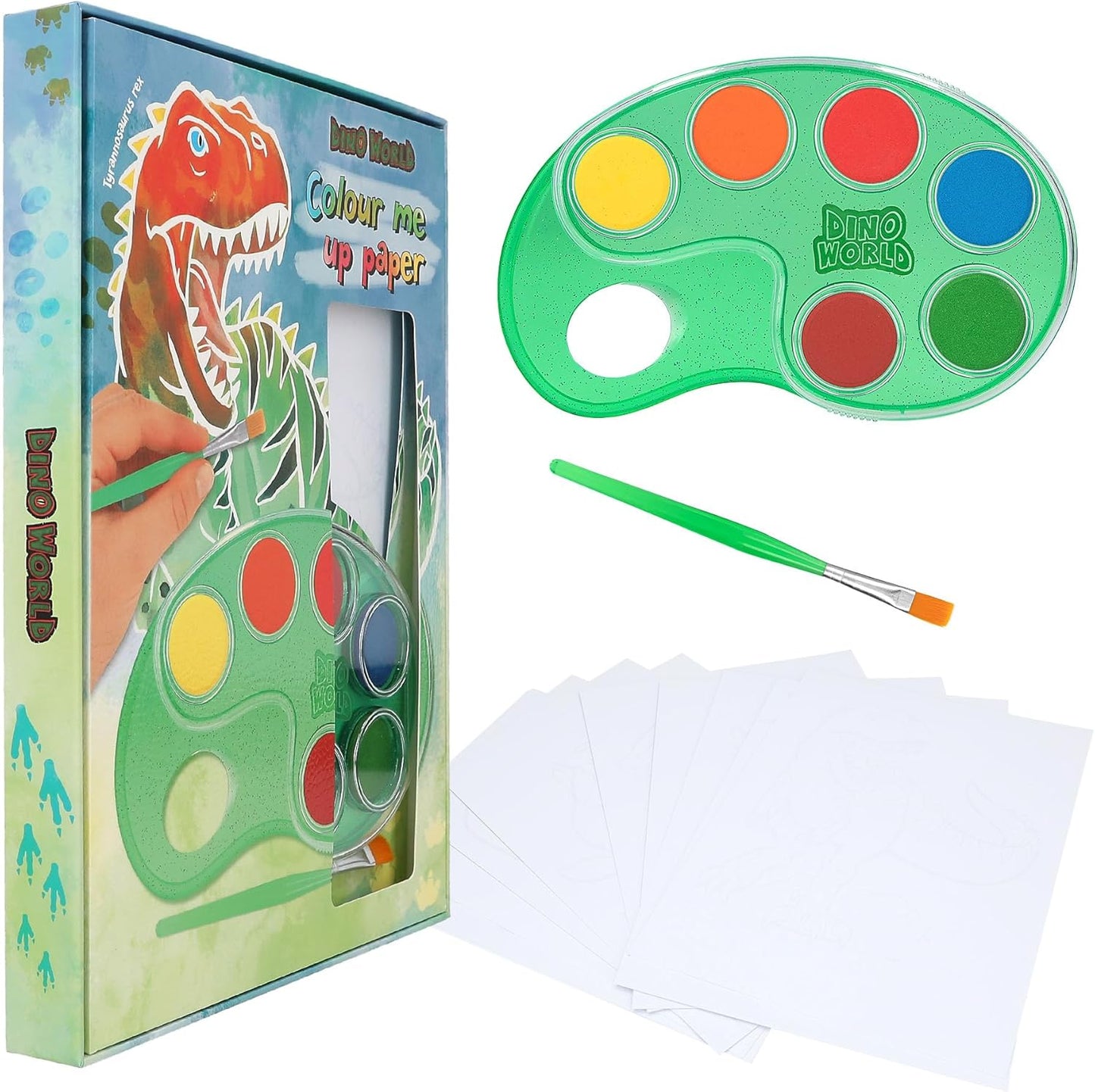 Depesche 12517 Dino World Colour Me Up Paper, Watercolour Paper with 10 Colouring Designs, Includes Brush and Watercolours