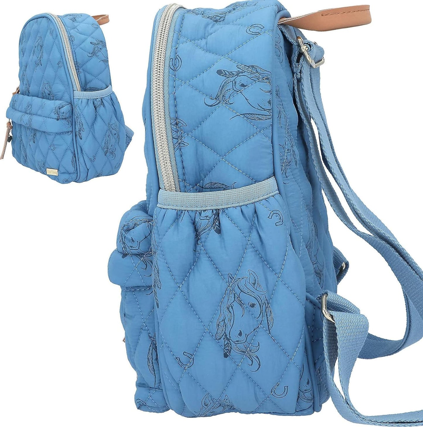 Depesche 12026 Miss Melody Blue Quilt Children's Backpack with Horse Pattern and Quilted Seam Look, Bag in Pale Blue with Adjustable Shoulder Straps