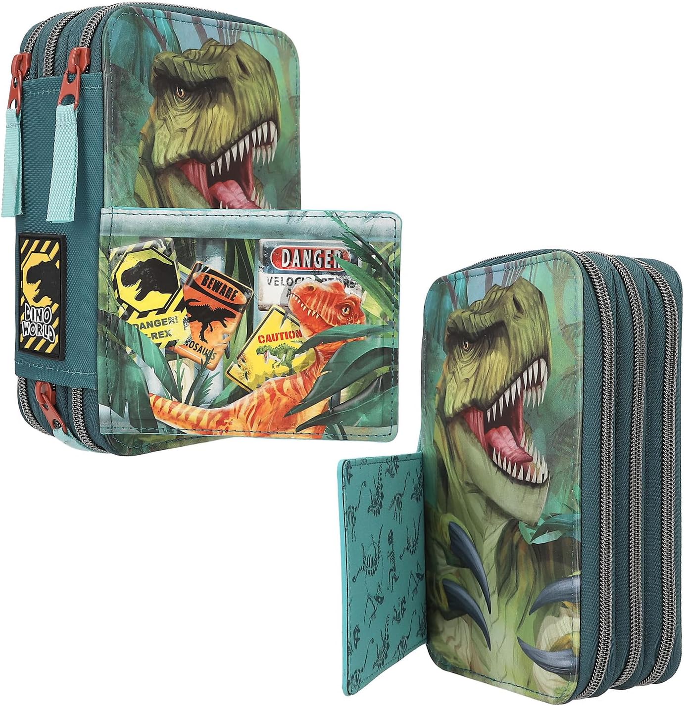 Depesche 11757 Dino World Danger-Filled 3-Compartment Pencil Case with Trex Motif, Dark Green Pencil Case with Colouring Pencils, Ruler, Scissors and Much More, Blue [Toy]