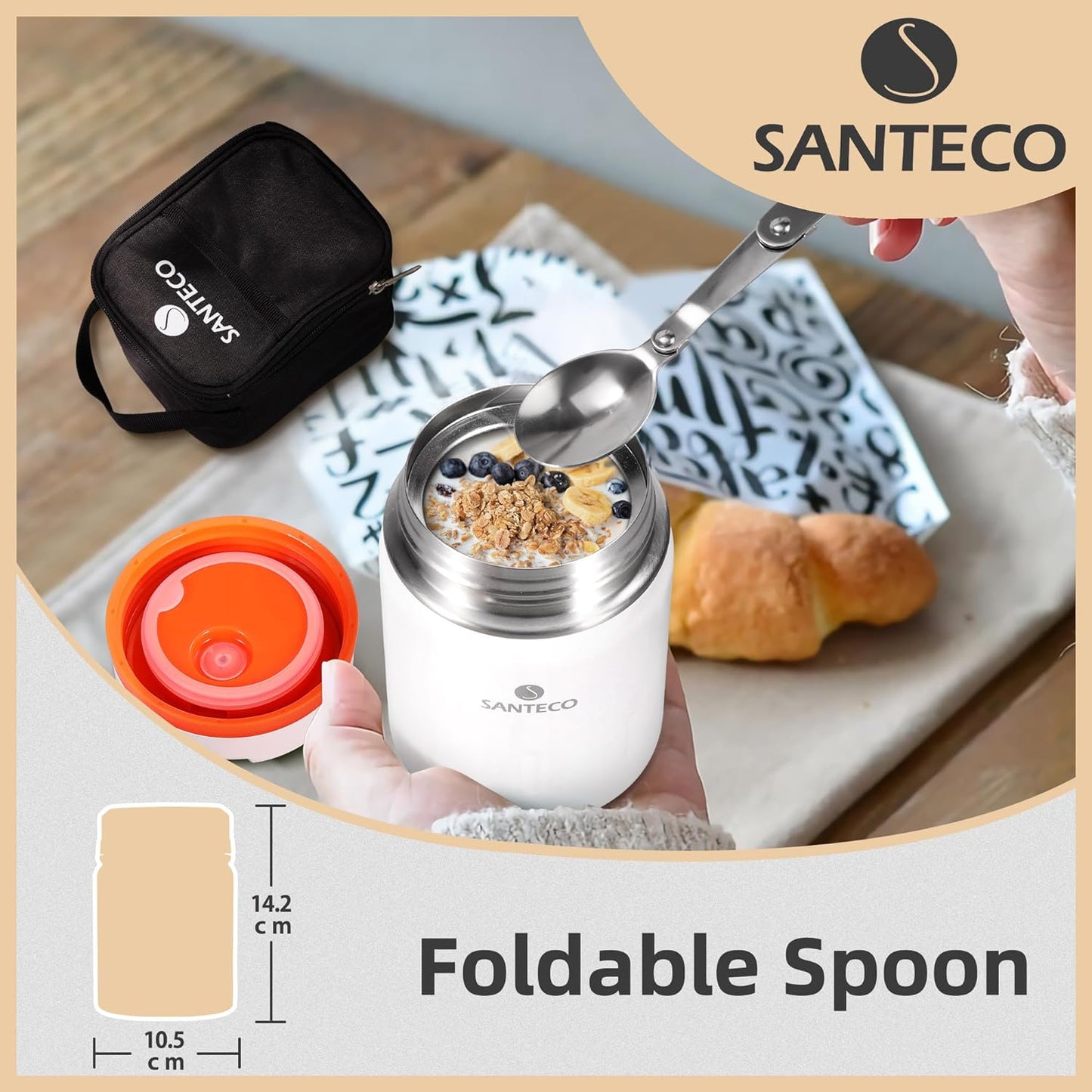 SANTECO Thermal Food Container, 500 ml, 18/8 Stainless Steel Warming Container, Food Container with Spoon and Portable Insulated Bag, Cold for 24 Hours