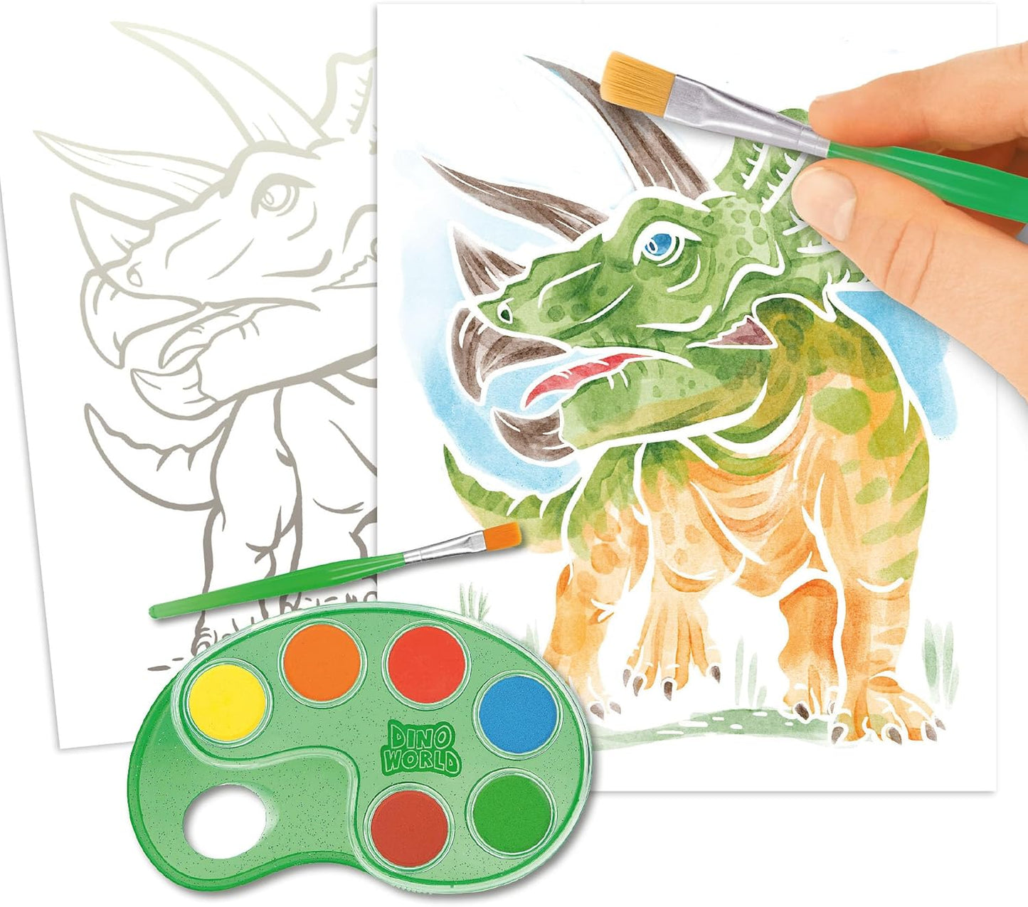 Depesche 12517 Dino World Colour Me Up Paper, Watercolour Paper with 10 Colouring Designs, Includes Brush and Watercolours