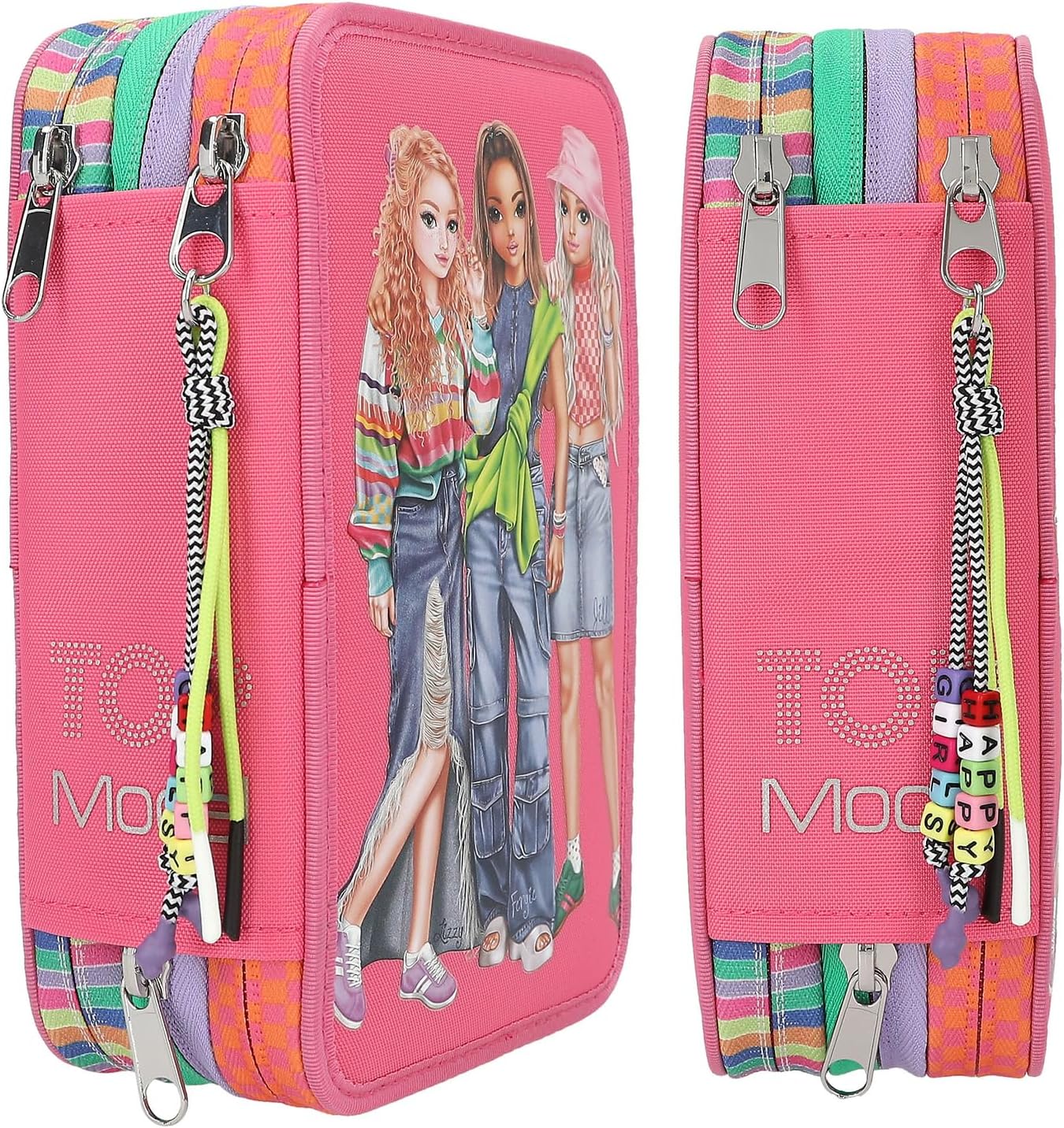 Depesche TOPModel Joy 12910 Filled 3-Compartment Pencil Case in Pink with Model Motif and Pendant, Pencil Case with Colouring Pencils, Ruler, Scissors and much more