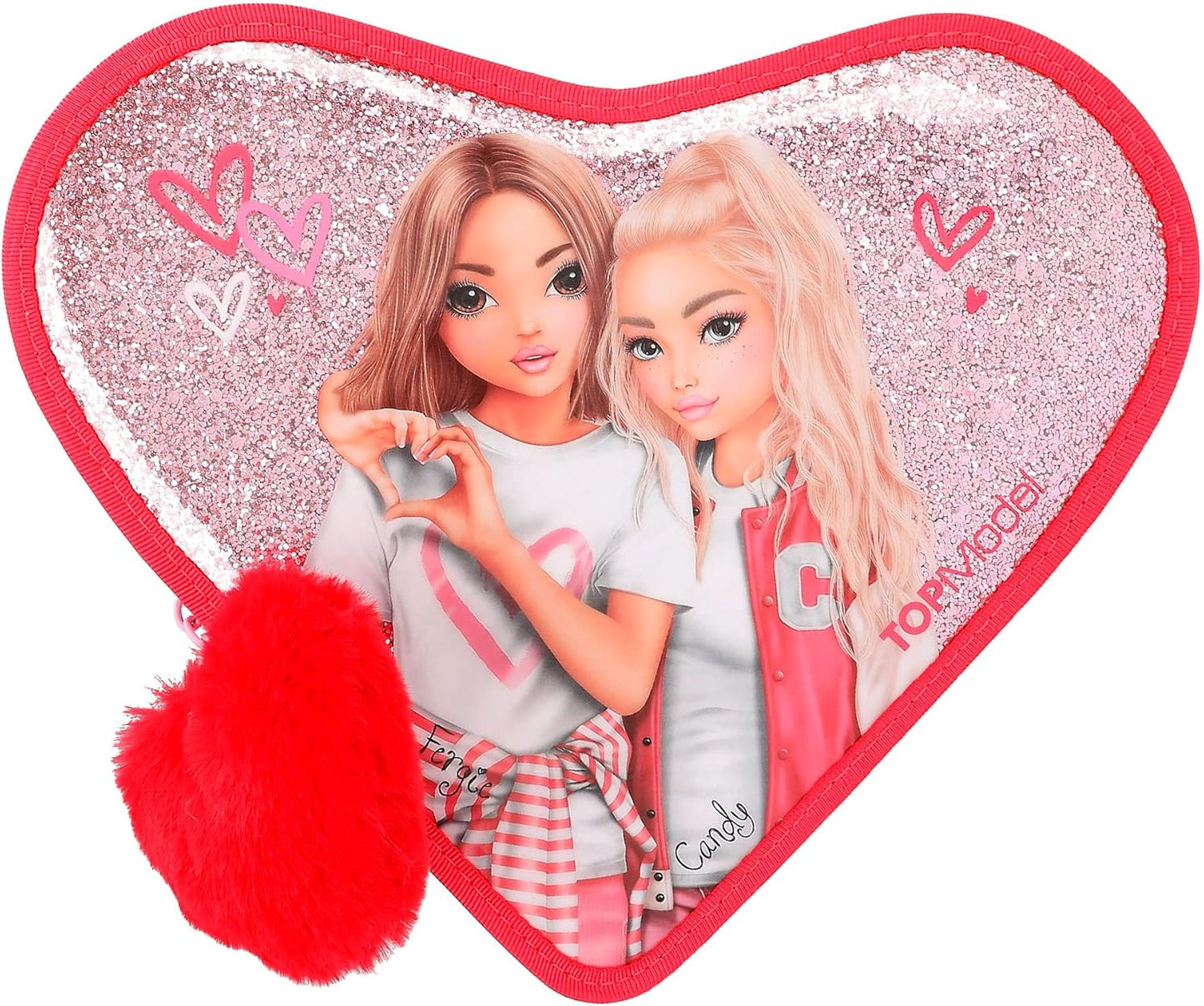 Depesche 12260 TOPModel One Love Filled Heart Pencil Case in Red with Model Motif and Glitter, Pencil Case with Coloured Pencils, Scissors, Ruler and Much More, Pink