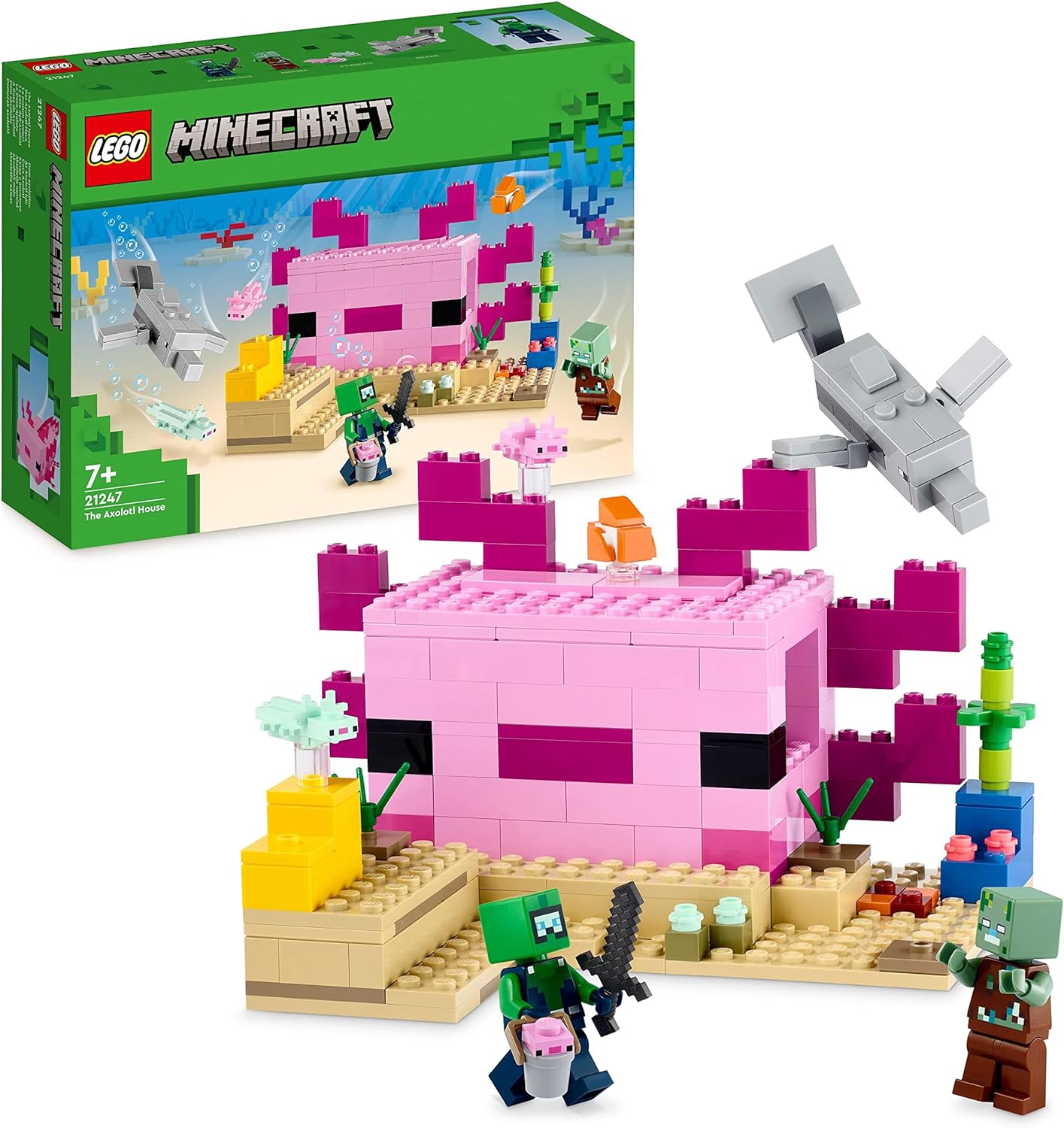 LEGO 21247 Minecraft The Axolotl House Set, Buildable Pink Underwater Base with Diving Explorer, Zombie, Dolphin and Puffer Figures, Adventure Toy for Kids, Girls, Boys from 7 Years