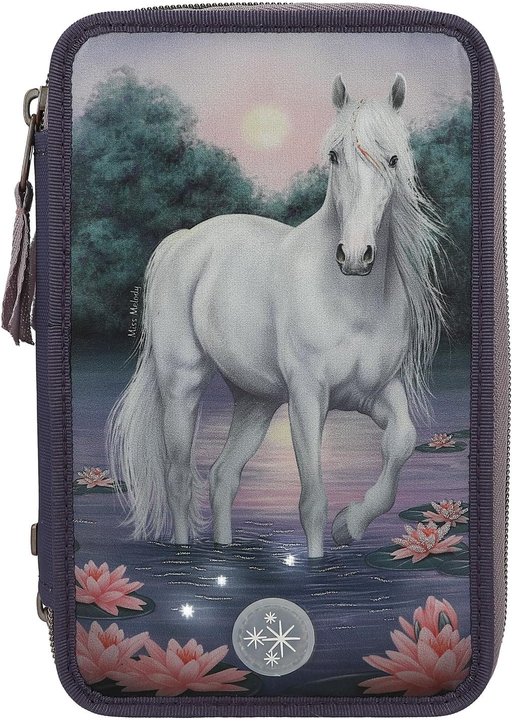 Depesche 12947 Miss Melody - Filled 3-Compartment Pencil Case in Purple, with LED, Water Lilies and Horse Motif, Pencil Case with Colouring Pencils, Ruler, Scissors and much more