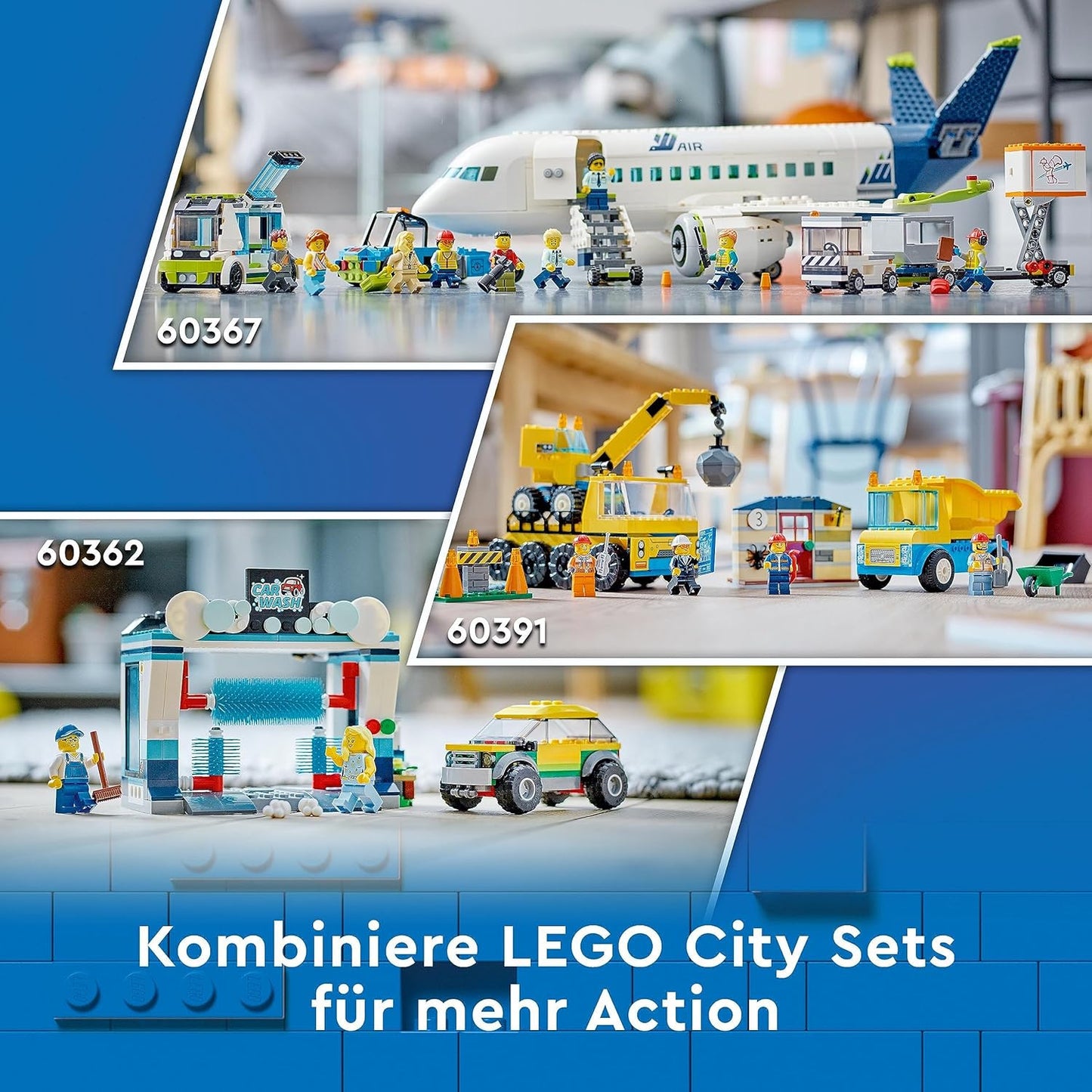 LEGO 60367 City Passenger Plane Toy Set, Large Airplane Model with Airport Ground Staff Vehicles: Apron Bus, Pushback Tug, Catering Loader, Luggage Trolley and 9 Mini Figures