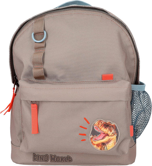 Depesche 12382 Dino World Backpack in Khaki Brown for Children with Dino Patch and Lettering, Bag with Adjustable Straps