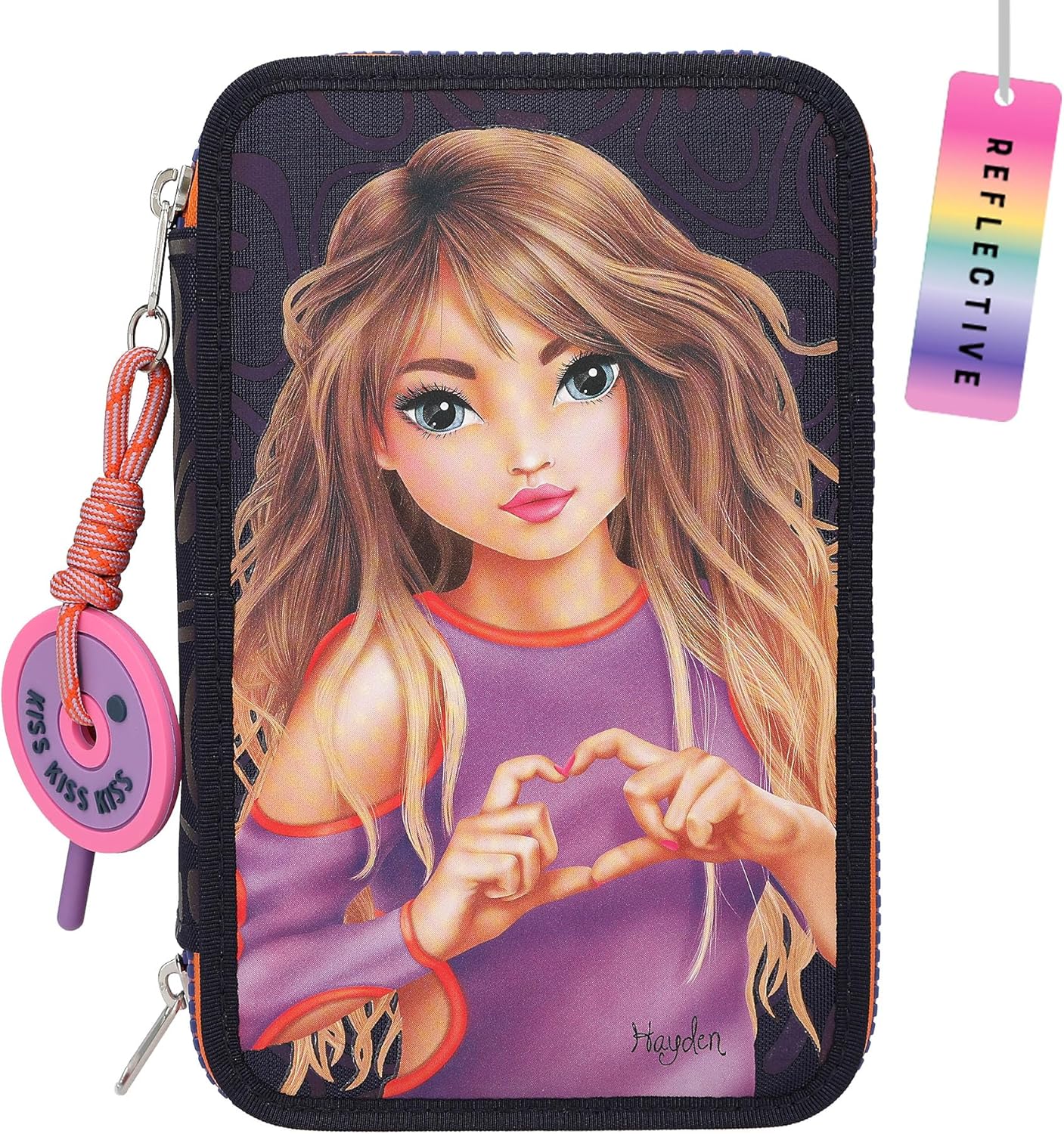 Depesche 12597 TOPModel Night Light - Filled 3-Compartment Pencil Case with Model Motif, Dark Blue Pencil Case with Coloured Pencils, Ruler, Scissors and Much More