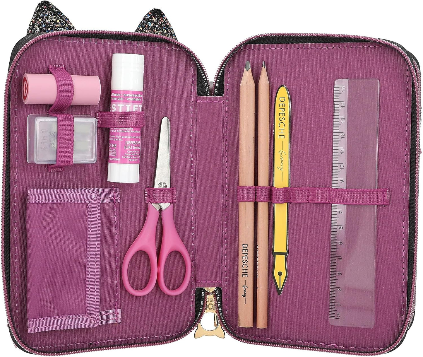 Depesche 13020 TOPModel Rebel Kitty - Filled 3-Compartment Pencil Case with Leo Fur in Purple/Black and Cat Ears, Pencil Case with Colouring Pencils, Ruler, Scissors and Much More