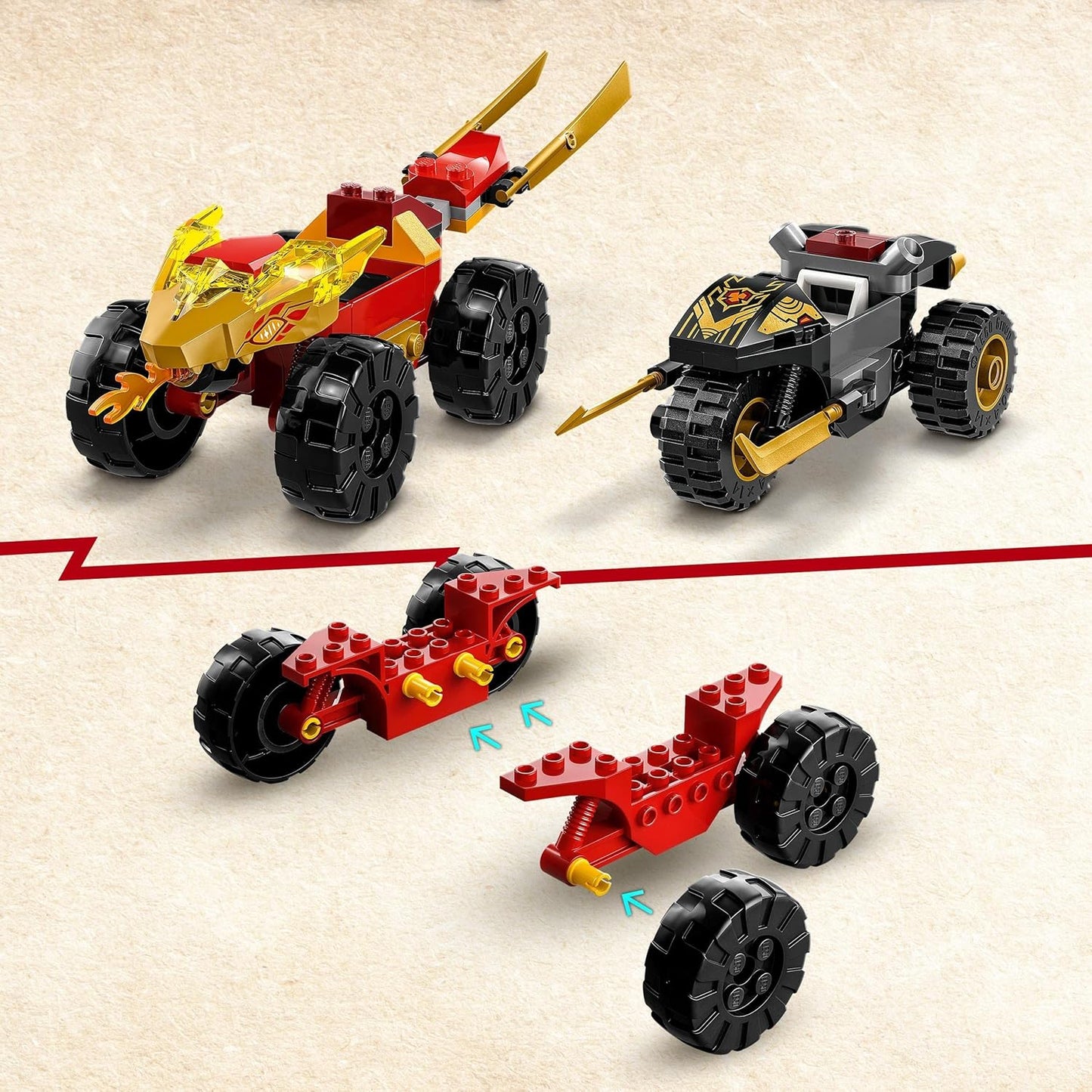 LEGO Ninjago Chase Set with Kais Speedster and Ras' Motorcycle, Toy for Children from 4 Years, Ninja Car Toy for Building, Mini Figure for Collecting, 71789