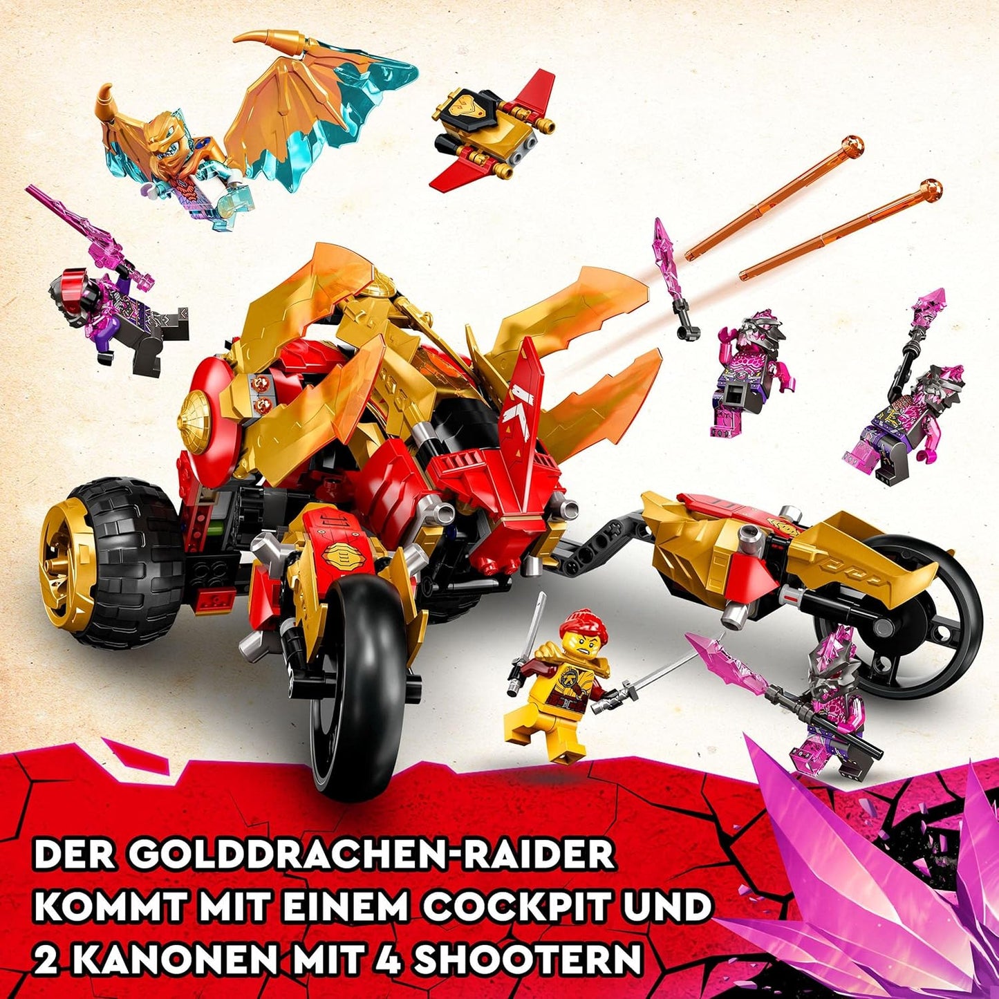 LEGO 71773 Ninjago Kais Gold Dragon Raider Set, with Car and Motorcycle Toy Including Quay and a Golden Cole Legacy Figure, Toy for Children from 8 Years