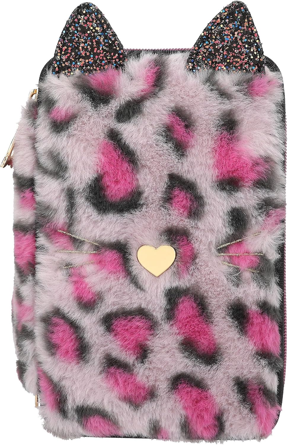 Depesche 13020 TOPModel Rebel Kitty - Filled 3-Compartment Pencil Case with Leo Fur in Purple/Black and Cat Ears, Pencil Case with Colouring Pencils, Ruler, Scissors and Much More