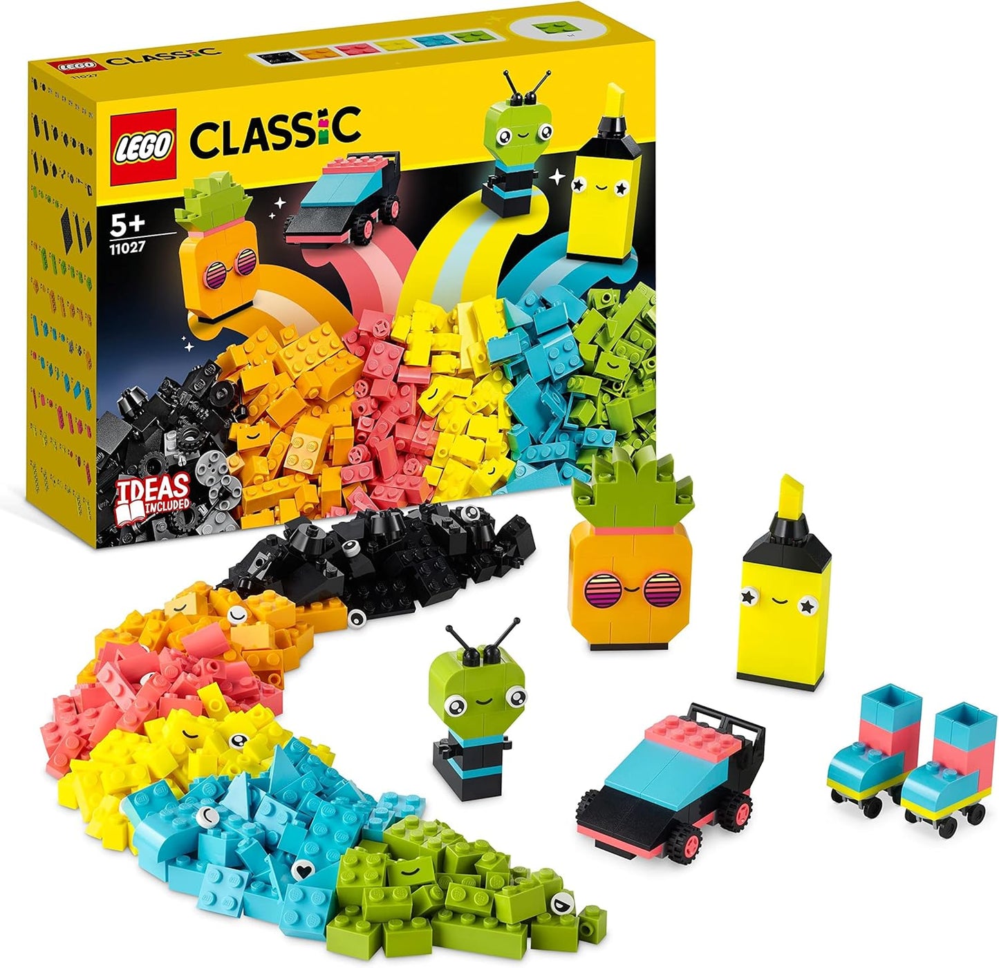 LEGO 11027 Classic Neon Creative Building Set, Building Blocks Box Set, Construction Toy with Models; Car, Pineapple, Alien, Roller Skates, Figures and More, for Children from 5 Years