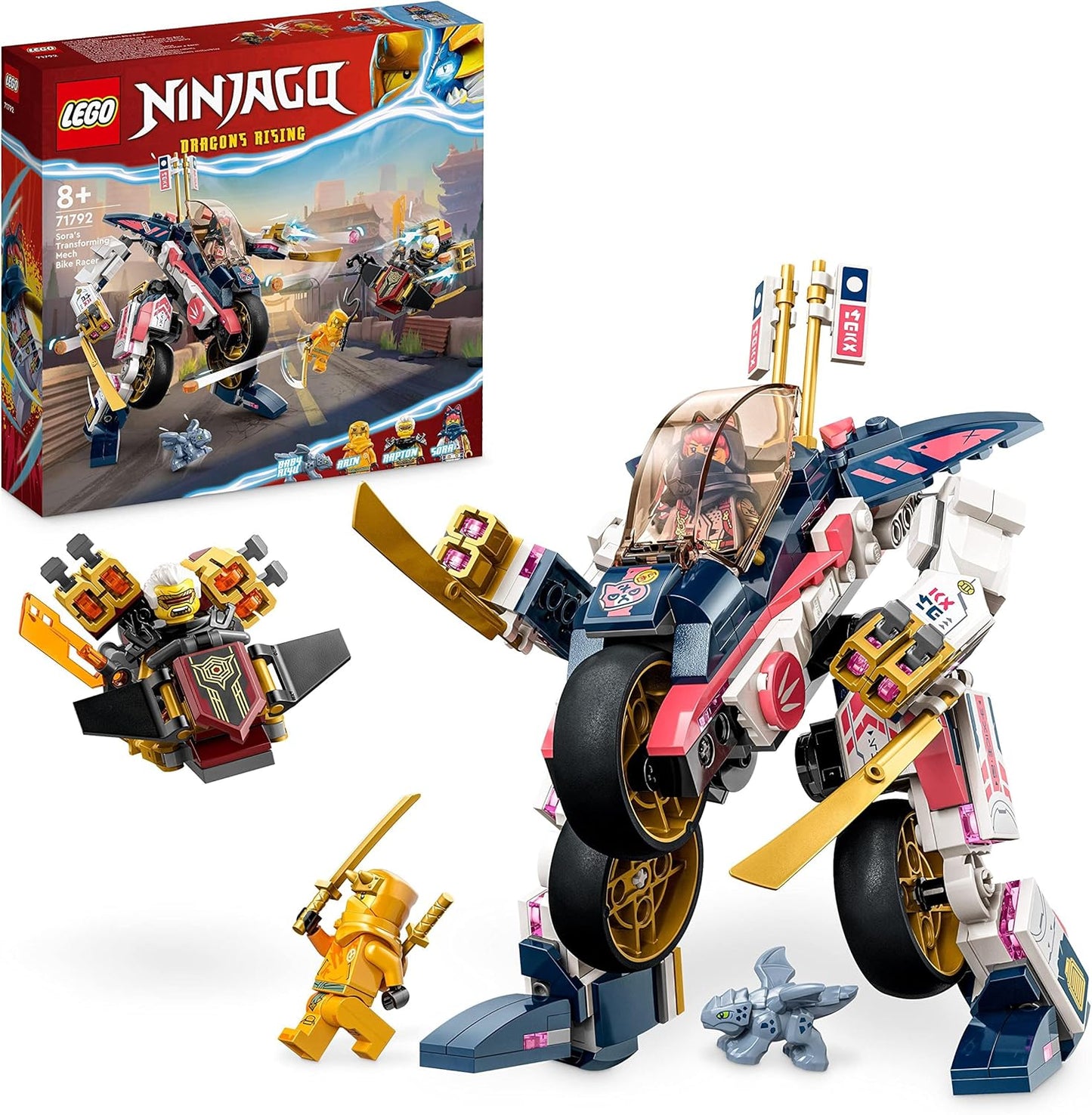 LEGO 71792 Ninjago Sora's Transforming Mech Bike Racer, 2-in-1 Set with Transforming Mech Action Figure, Motorcycle Toy Set with 3 Mini Figures for Children, Boys and Girls