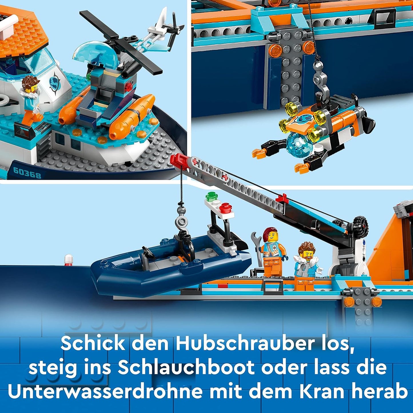 LEGO City Arctic Research Ship, Large Buoyant Toy Boat with Helicopter, Dinghy, ROV Submarine, Viking Shipwreck, 7 Mini Figures & Orca Figure, Gift for Children from 7 Years 60368