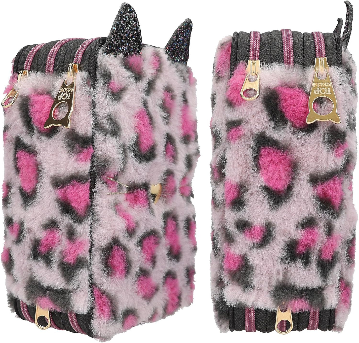 Depesche 13020 TOPModel Rebel Kitty - Filled 3-Compartment Pencil Case with Leo Fur in Purple/Black and Cat Ears, Pencil Case with Colouring Pencils, Ruler, Scissors and Much More