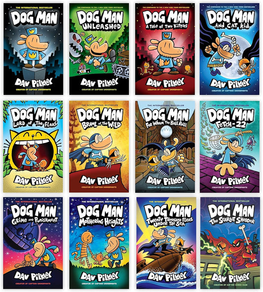 Dog Man Series 1-12 Books Collection Set By Dav Pilkey (Dog Man, Unleashed, Tale Of Two Kitties, Dog Man and Cat Kid, Lord of The Fleas, Brawl of The Wild, For Whom The Ball Rolls, Fetch-22 & More)