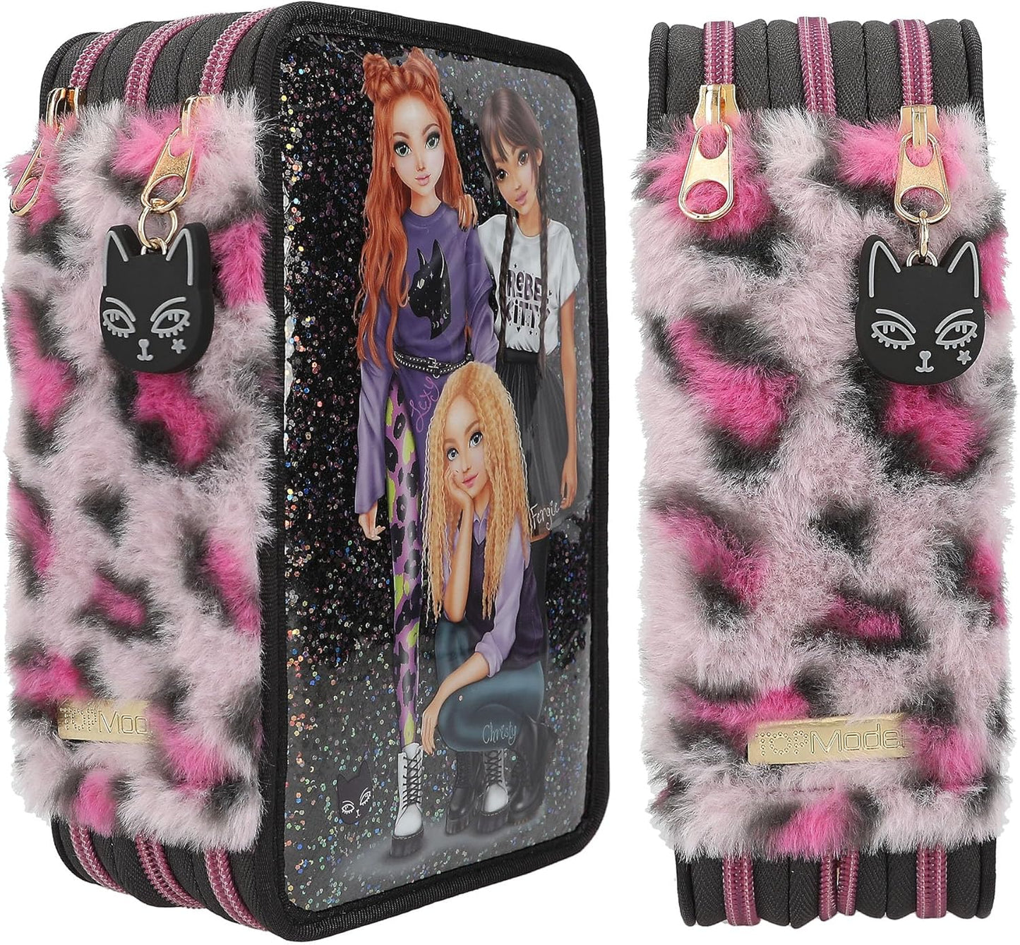 Depesche 13017 TOPModel Rebel Kitty - Filled 3-Compartment Pencil Case in Black, with Model Motif, Glitter and Leo Fur, Pencil Case with Colouring Pencils, Ruler, Scissors and Much More