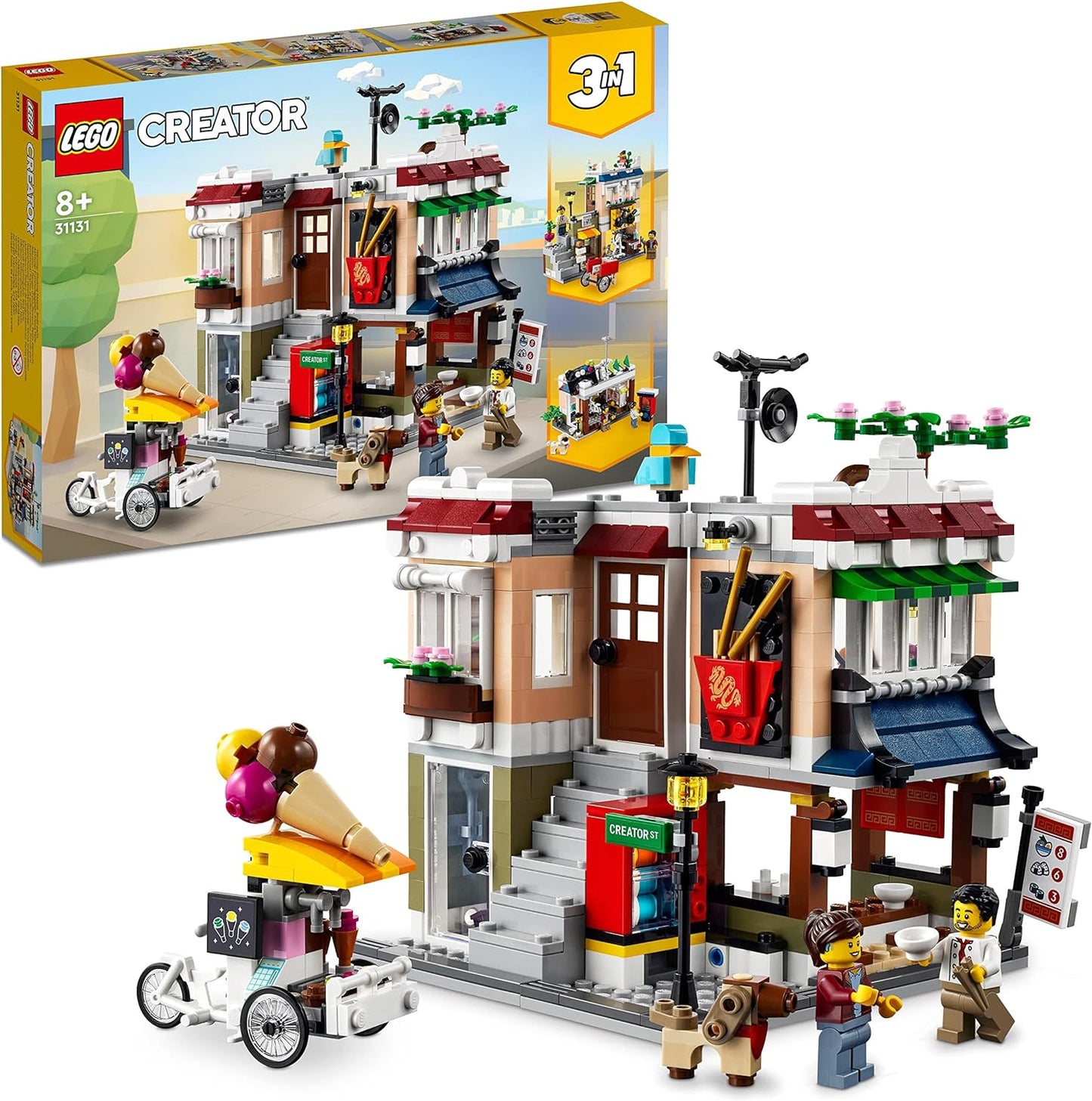 LEGO 31131 Creator Pasta Shop, Bicycle Shop and Arcade, 3-in-1 Construction Toy with Accessories such as Slot Machines, Bonsai and Dog Figure, Gift for Children from 8 Years, Modular Building