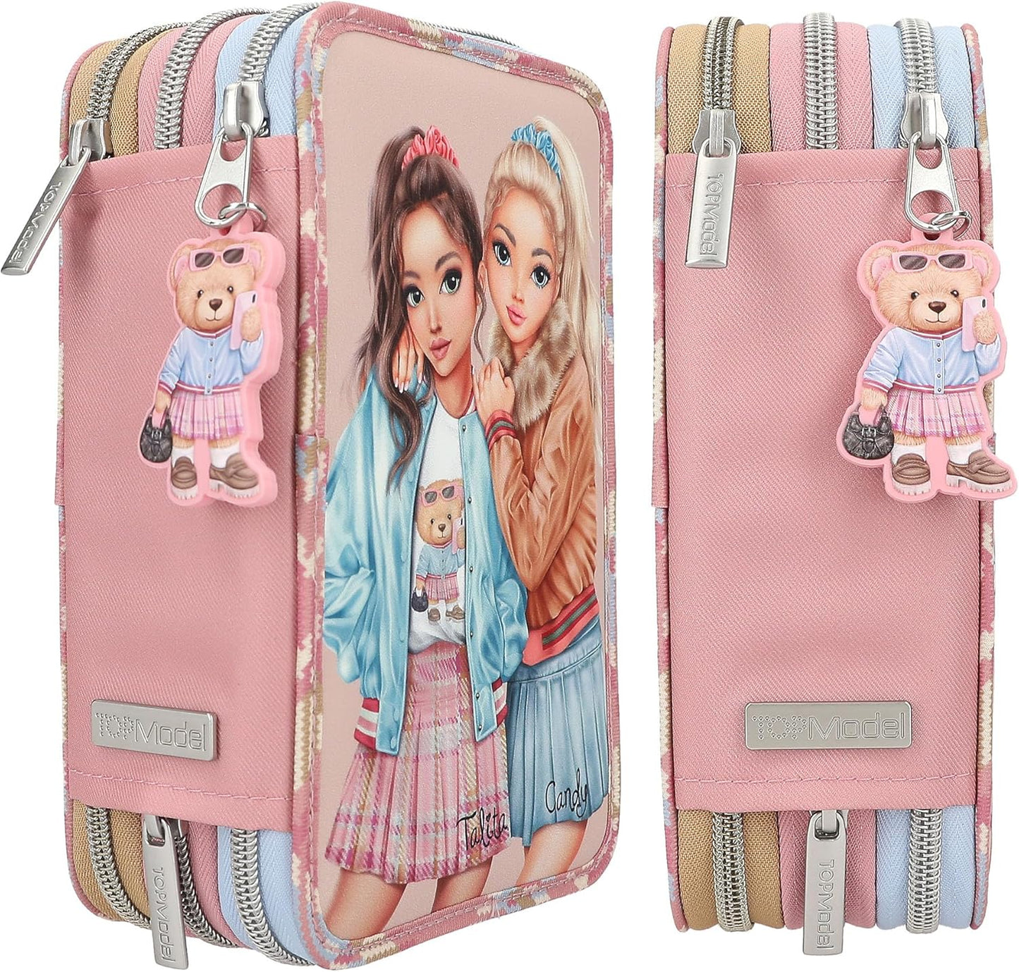 Depesche 13009 TOPModel Team Teddy Filled 3-Compartment Pencil Case in Rose with Model Motif and Pendant, Pencil Case with Colouring Pencils, Ruler, Scissors and much more