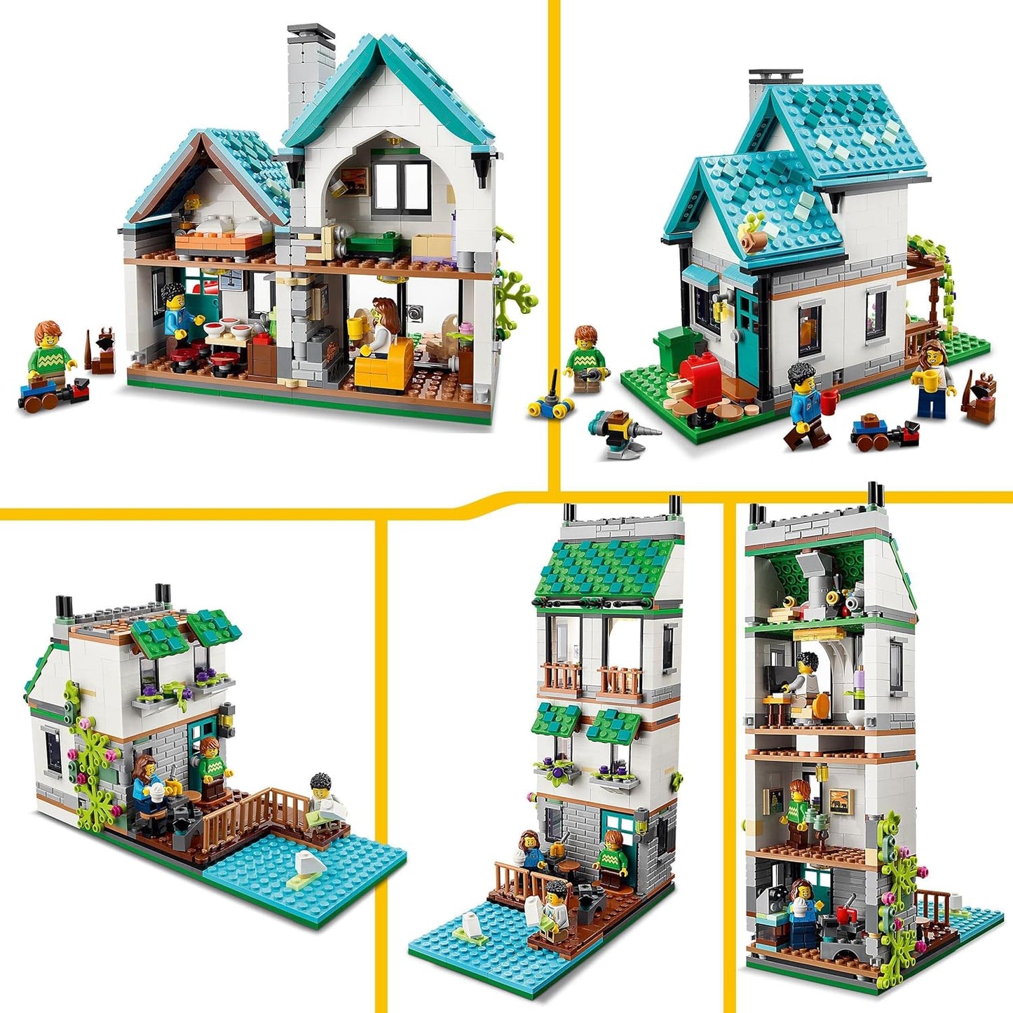 LEGO Creator 3in1 Gemütliches Haus Set, Modellbausatz mit 3 verschiedenen Häusern plus Familien-Minifiguren und Zubehör, Geschenk für Kinder, Jungen und Mädchen 31139