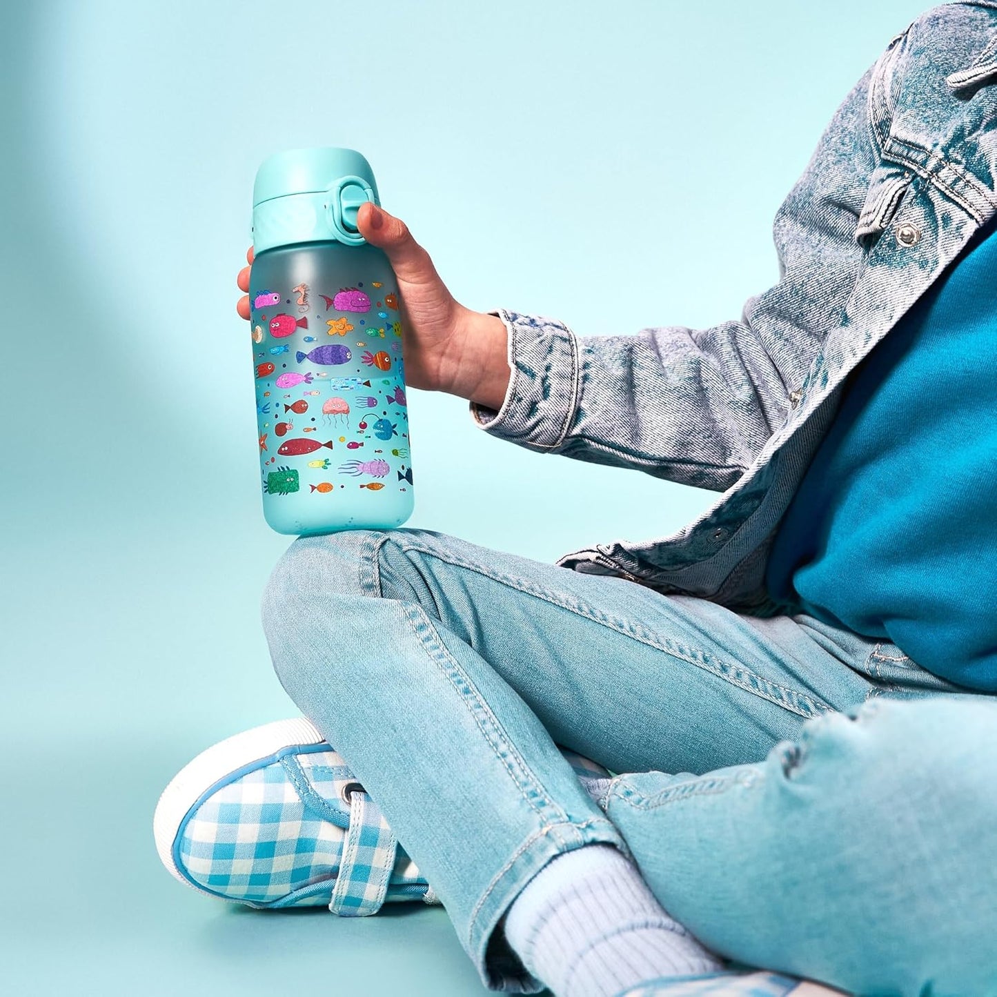 Ion8 Kids Water Bottle, Leak-Proof, One-Handed Opening, Secure Locking, Dishwasher Safe, BPA-Free, Carry Handle, Flip Lid, Easy to Clean, Fish Design