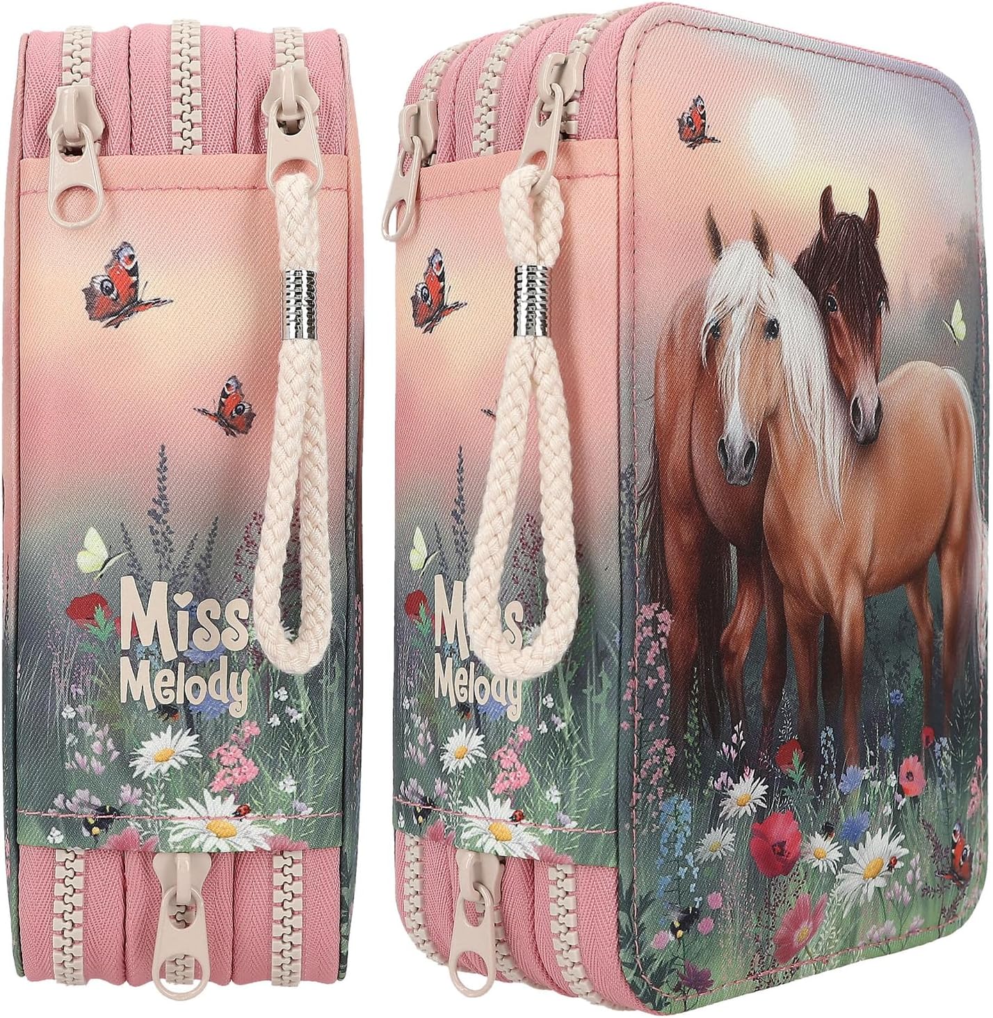 Depesche 12869 Miss Melody Flowers - Filled 3-Compartment Pencil Case in Pink with Horse Motif, Pencil Case with Colouring Pencils, Ruler, Scissors etc., Pink, Playful-Floral