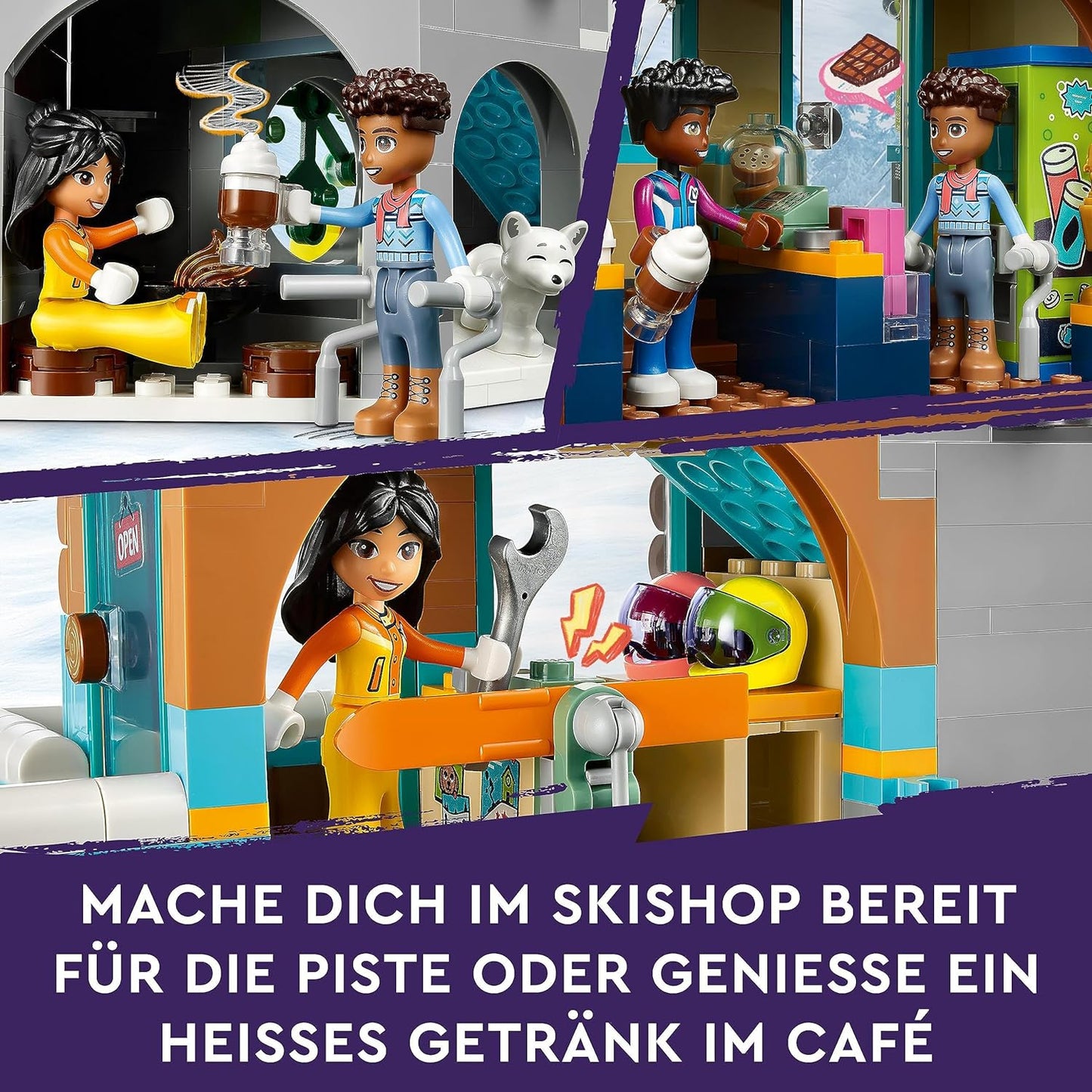 LEGO 41756 Friends Ski Slope and Cafe Winter Set with Liann Aron and Zac Mini Dolls and Fox Animal Figure, Toy for Girls, Boys and Kids, Creative