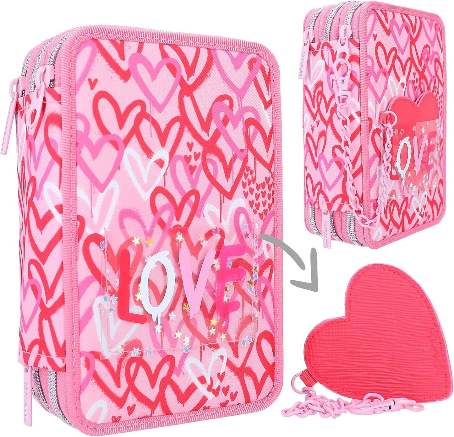 Depesche 12258 TOPModel One Love Filled 3-Compartment Pencil Case with Hearts in Red and Pink, Pencil Case with Coloured Pencils, Ruler, Scissors and Much More, Pink