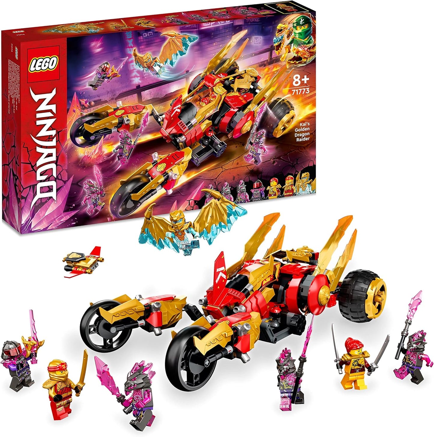 LEGO 71773 Ninjago Kais Gold Dragon Raider Set, with Car and Motorcycle Toy Including Quay and a Golden Cole Legacy Figure, Toy for Children from 8 Years