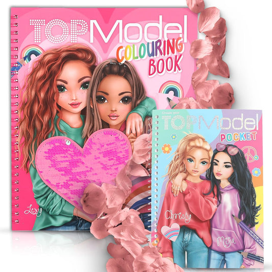 TOPModel Colouring Book with Sequins & Pocket Colouring Book: 40 Designs to Colour and Design Cool Looks with Stickers, Plus 120 Pages in Handy Format with Model Figures and Trendy Accessory Stick