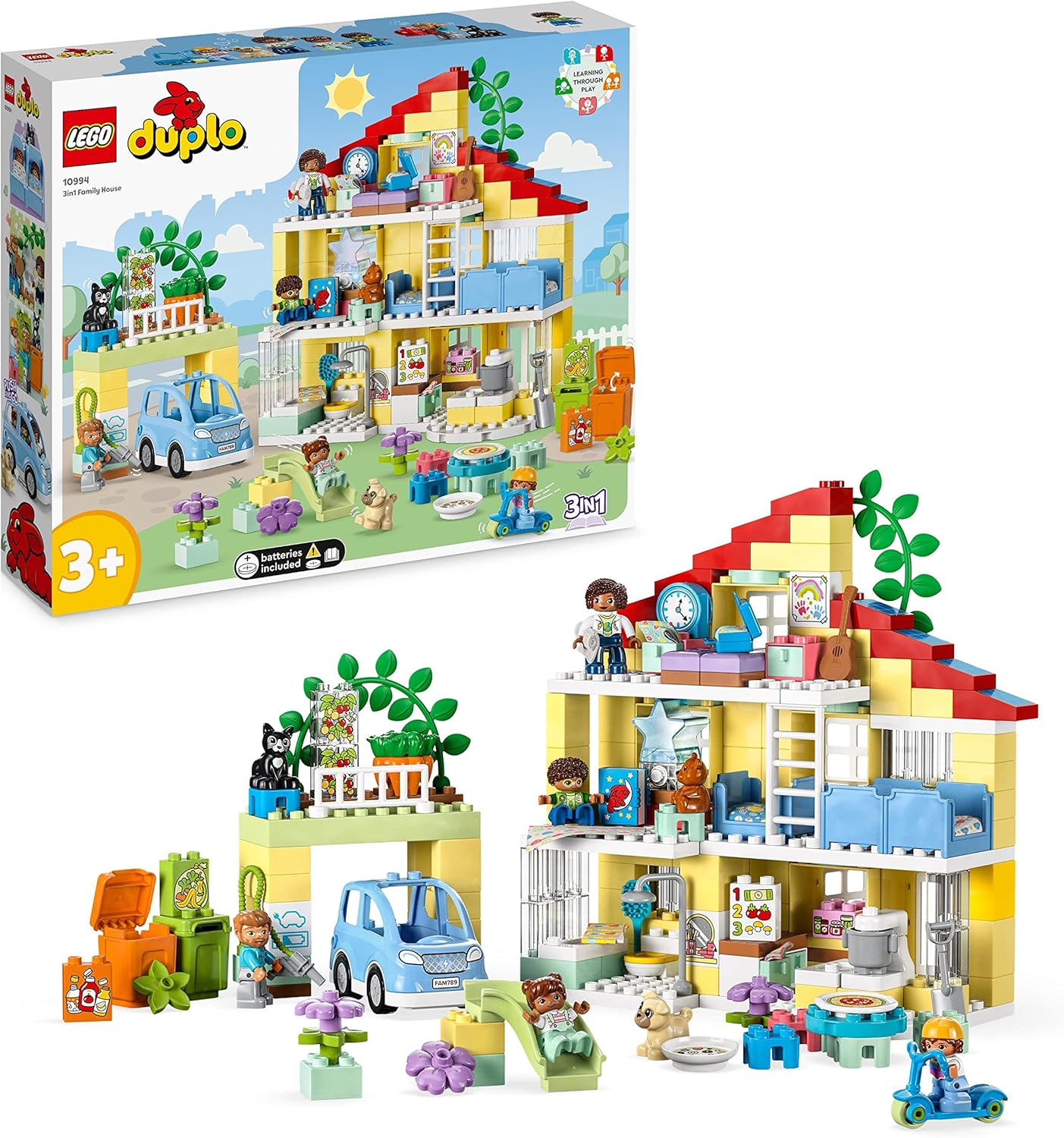 LEGO 10994 DUPLO 3-in-1 Family House, Dollhouse Made of Building Blocks with Push & Go Car, 5 Figures, 2 Animals and Toy Lamp, Playhouse Gift for Toddlers, Girls and Boys from 3 Years