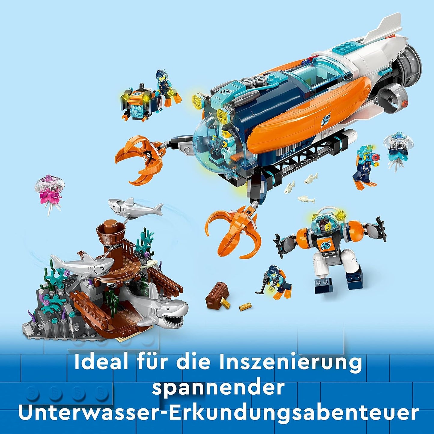 LEGO 60379 City Deep-Sea Explorer Submarine Toy, Underwater Set with Drone, Mech, Diver Minifigures and Animal Figures, Christmas Gift for Children from 7 years, Boys and Girls