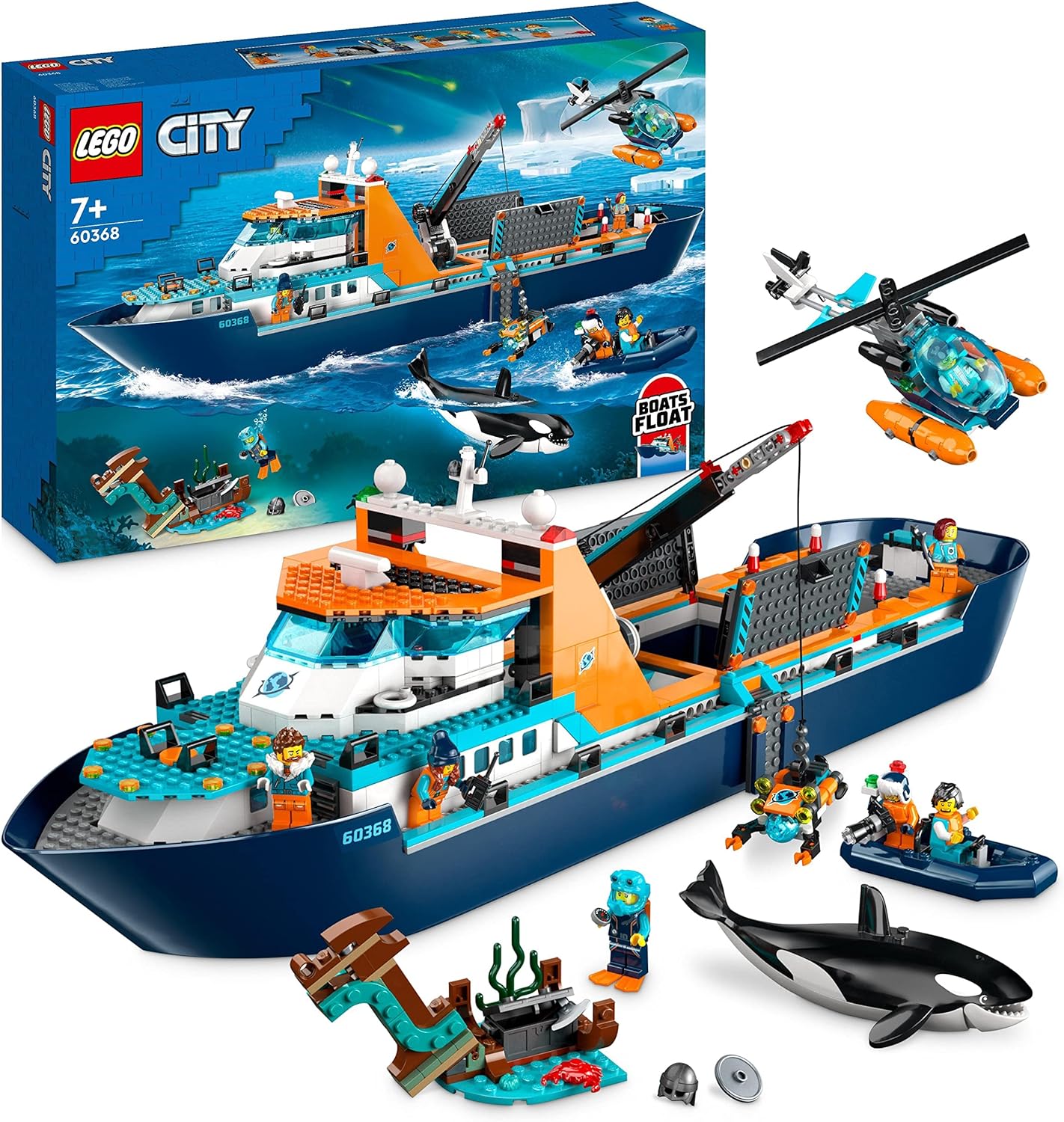 LEGO City Arctic Research Ship, Large Buoyant Toy Boat with Helicopter, Dinghy, ROV Submarine, Viking Shipwreck, 7 Mini Figures & Orca Figure, Gift for Children from 7 Years 60368