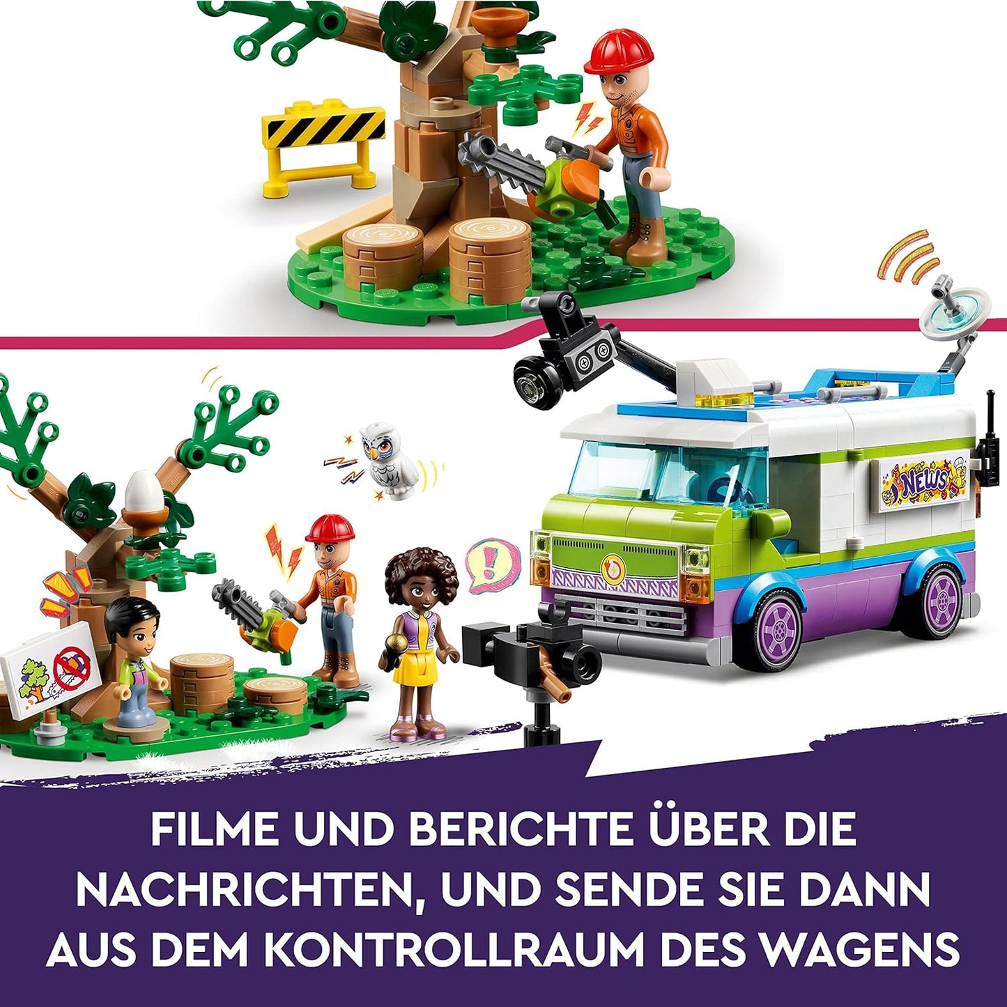 LEGO 41749 Friends Nachrichtenwagen, Tierrettung-Spielzeug-Set, Nachrichten filmen und berichten mit Spielzeug-LKW, Eulen-Figur & Aliya Mini-Puppe, Geschenk für Mädchen, Jungen und Kinder ab 6 Jahren