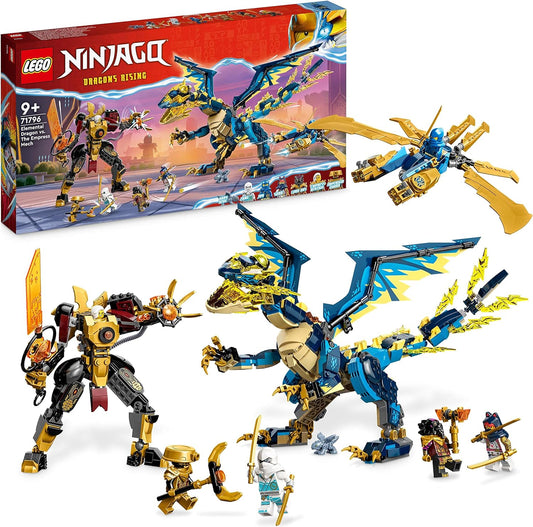 LEGO 71796 Ninjago Imperial Mech Duel Against the Elemental Dragon, Large Set with Dragon Toy, Action Figure, Ninja Flyer & 6 Mini Figures, Collectible Gift for Children, Boys, Girls